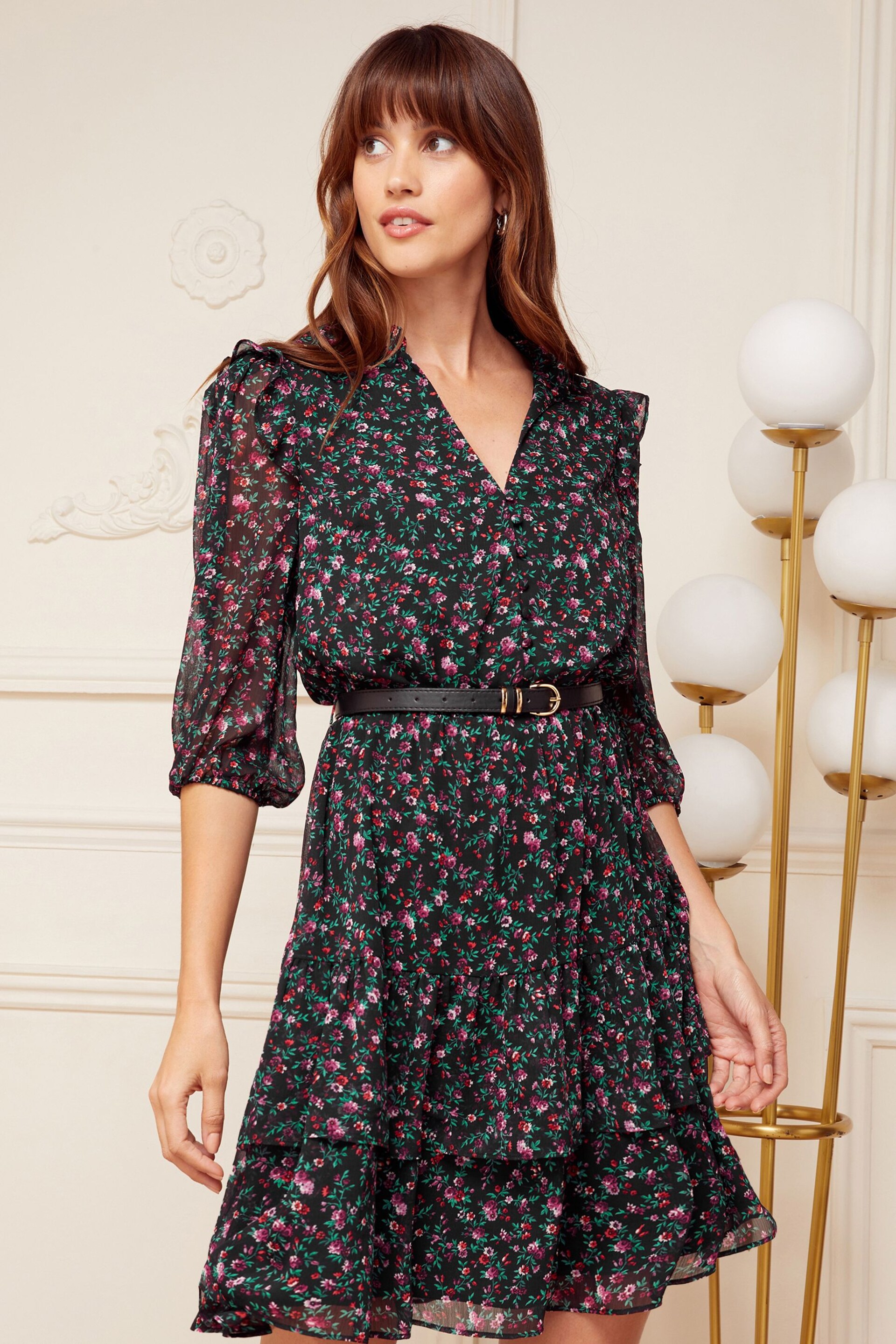 Love & Roses Black Floral Petite Chiffon V Neck Elasticated Sleeve Belted Mini Dress - Image 1 of 4