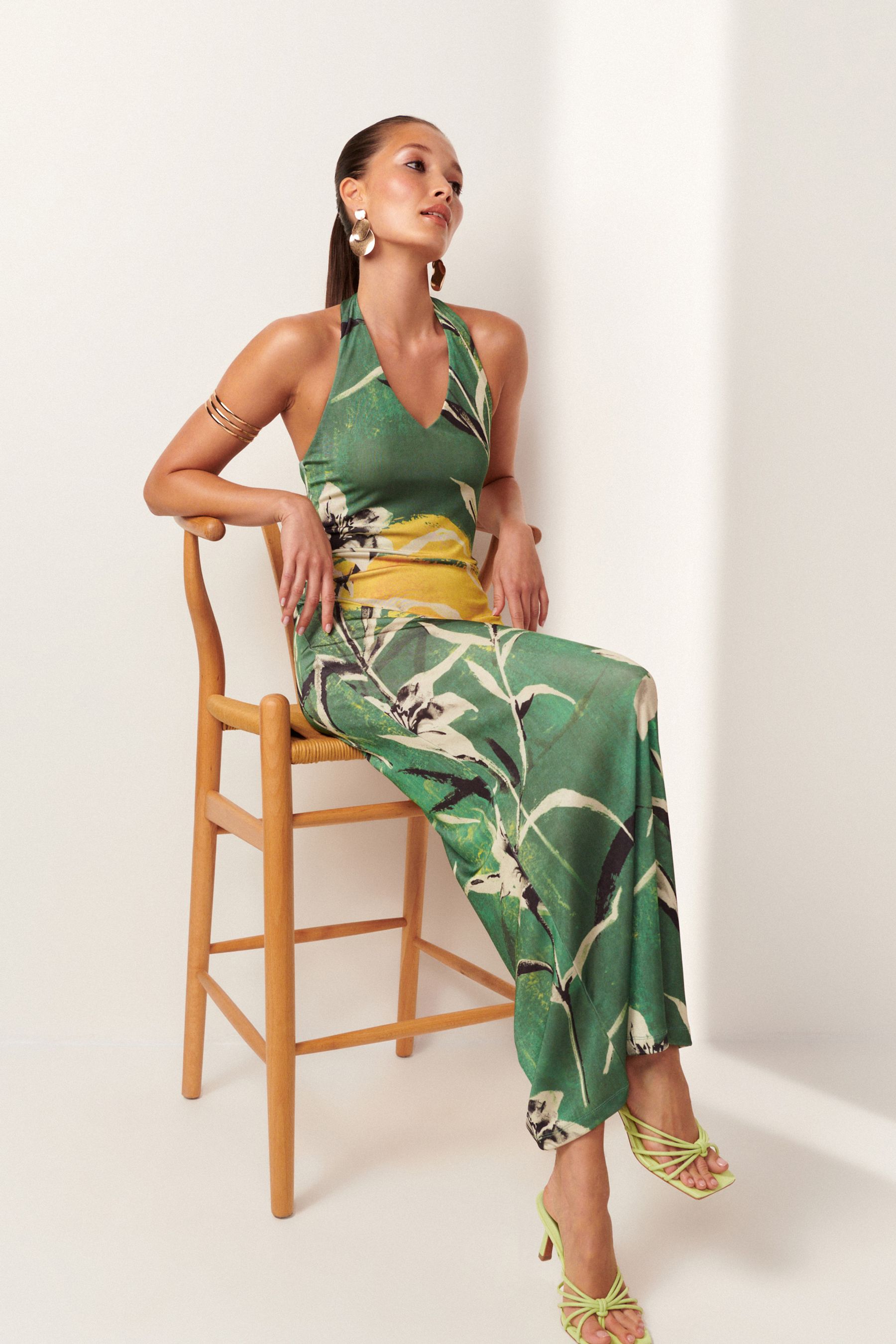 Buy Green Floral Print Halter Neck Maxi Dress from Next Luxembourg