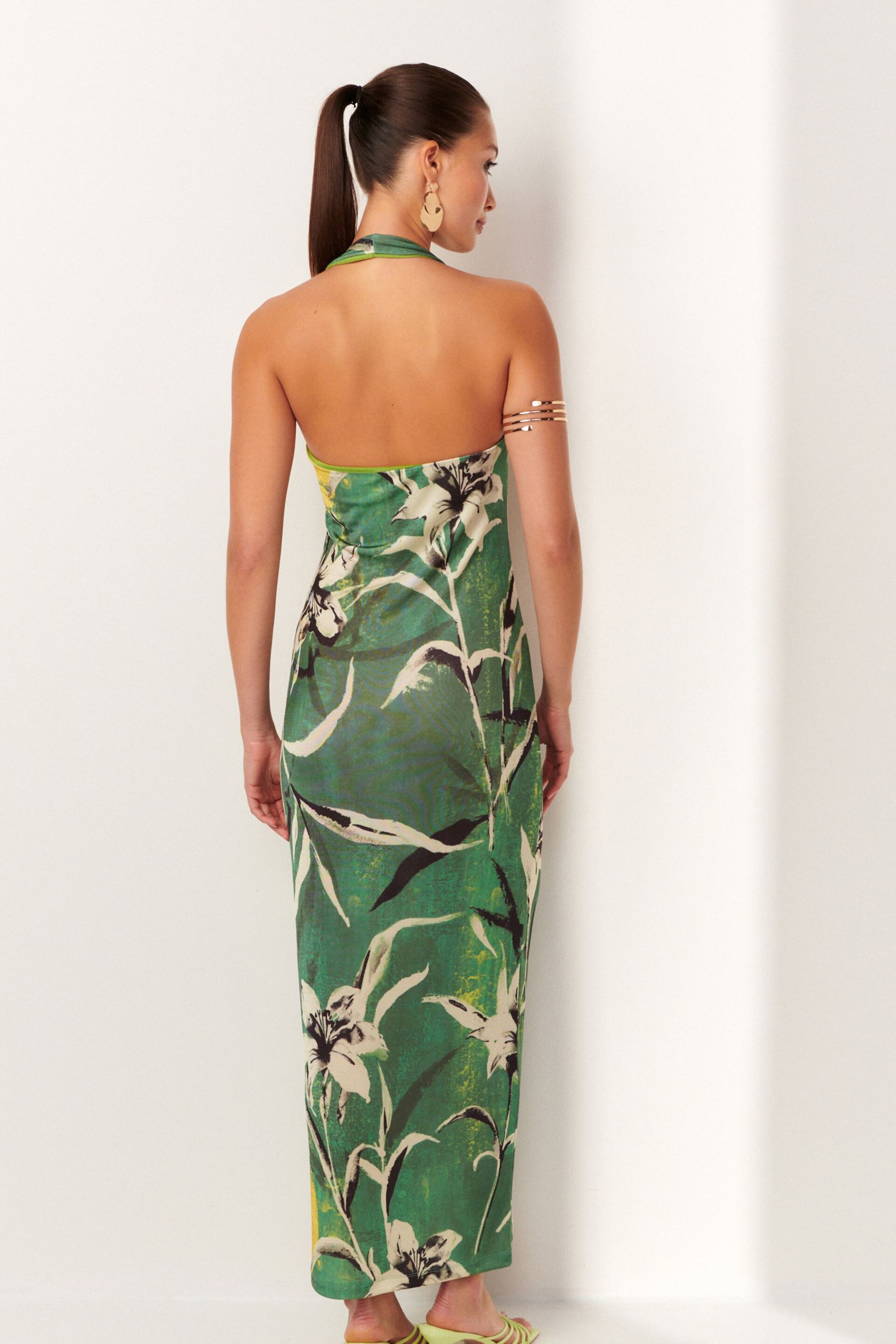 Green Floral Print Halter Neck Maxi Dress - Image 4 of 7