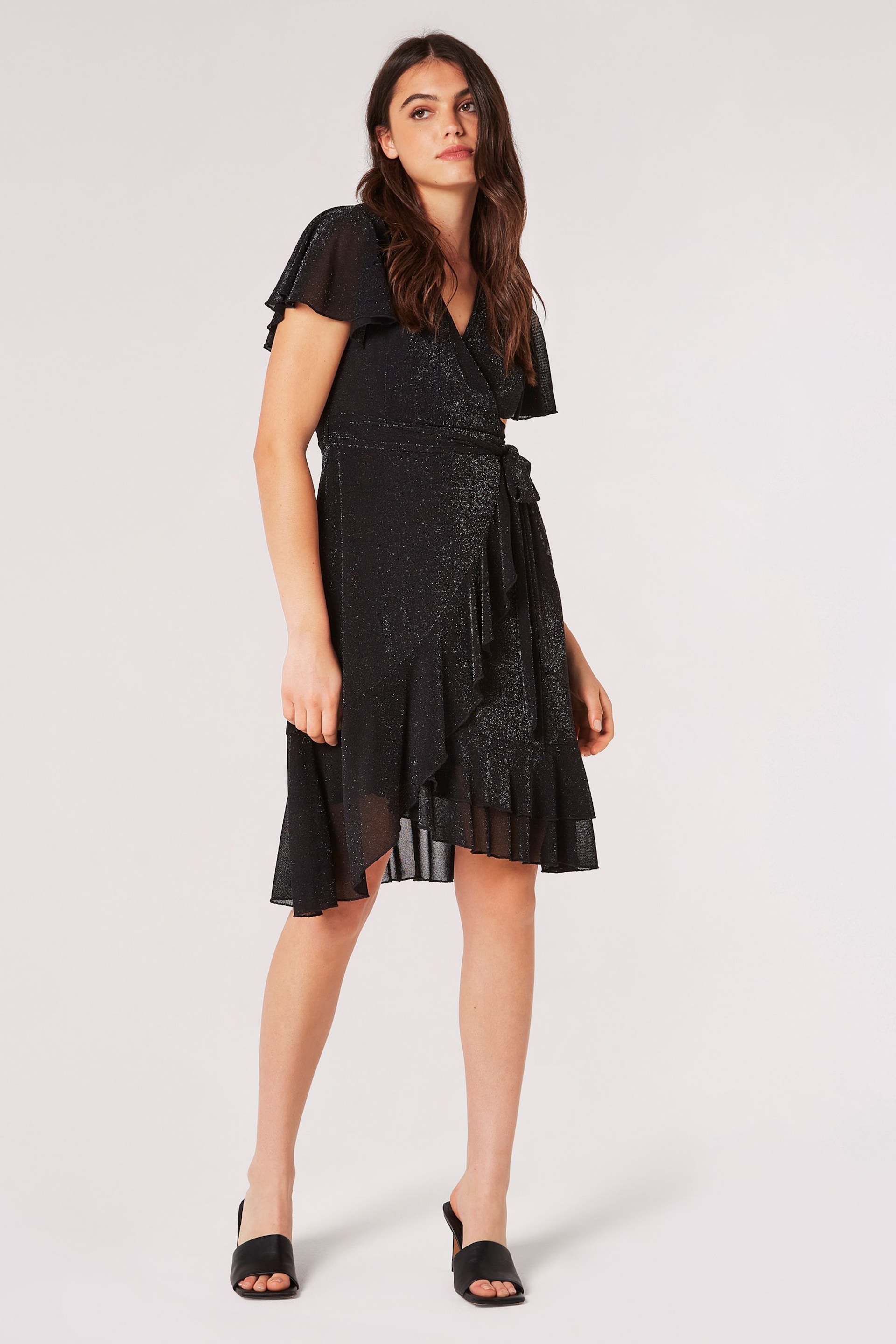 Apricot Black Angel Sleeve Wrap Sparkle Dress - Image 1 of 4