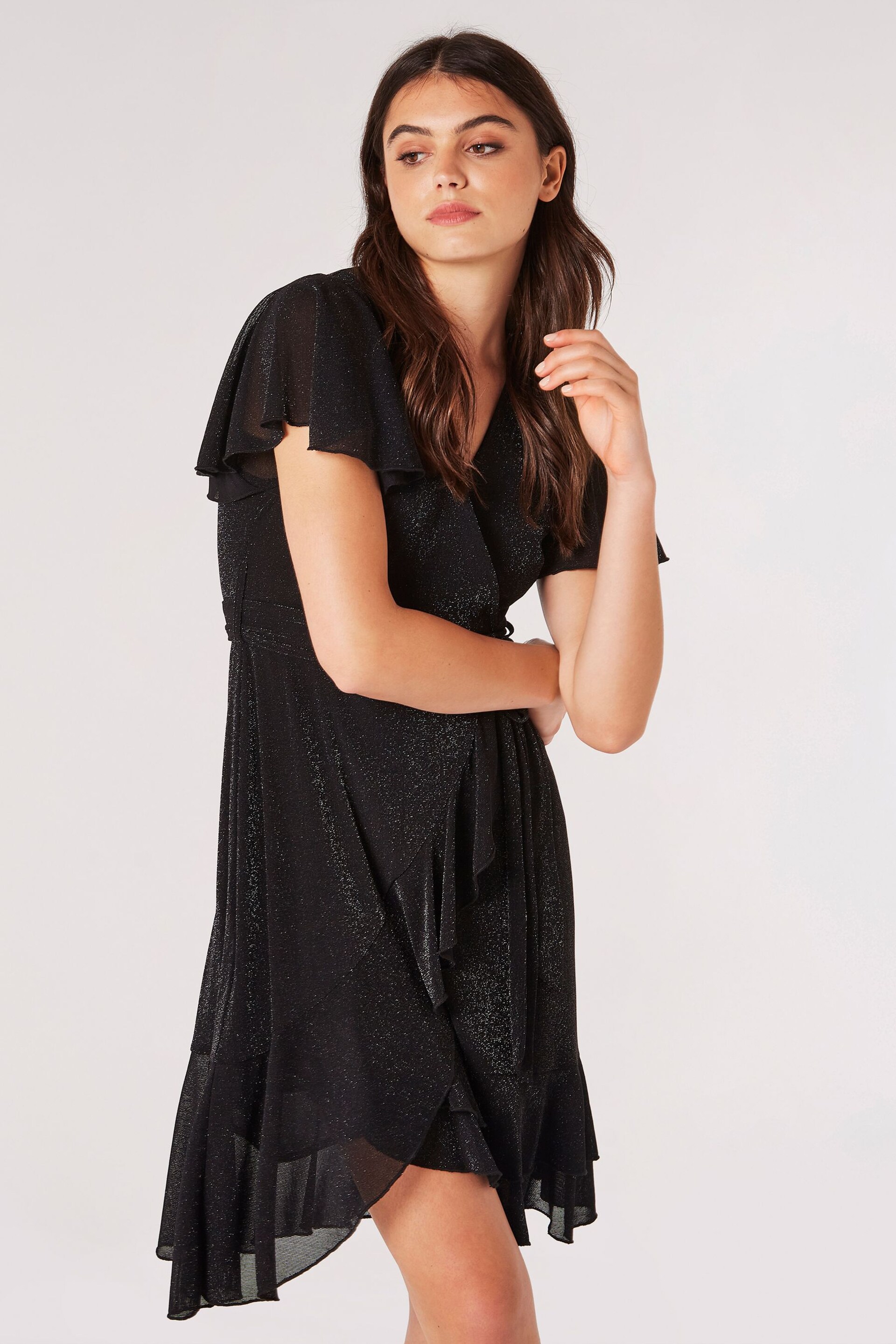 Apricot Black Angel Sleeve Wrap Sparkle Dress - Image 3 of 4