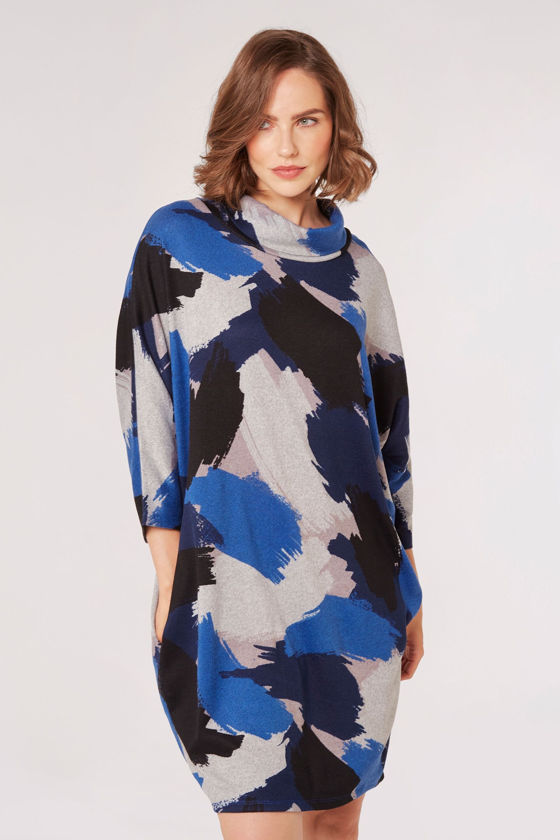 Apricot Blue Paint Splash Cow Neck Cocoon Dress - Image 1 of 4