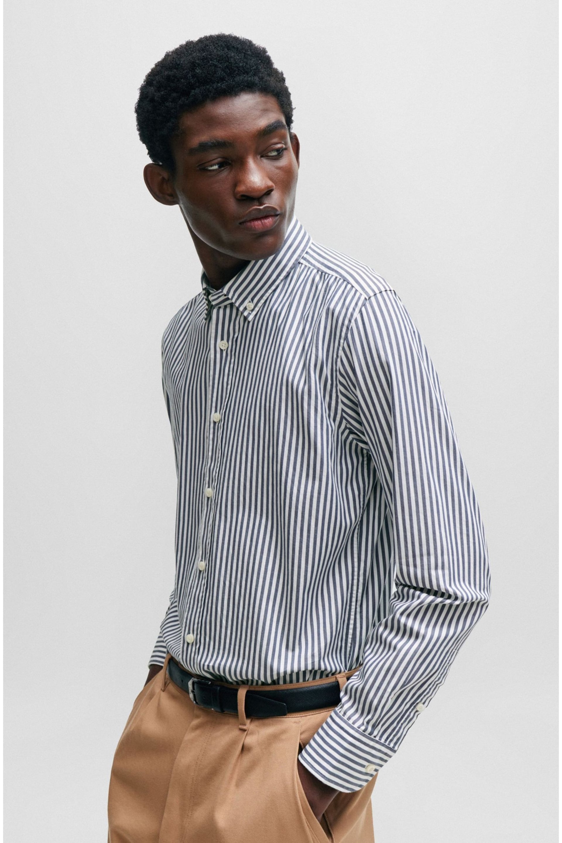 BOSS Blue Casual Fit Button-Down Shirt In Striped Cotton Twill - Image 4 of 6