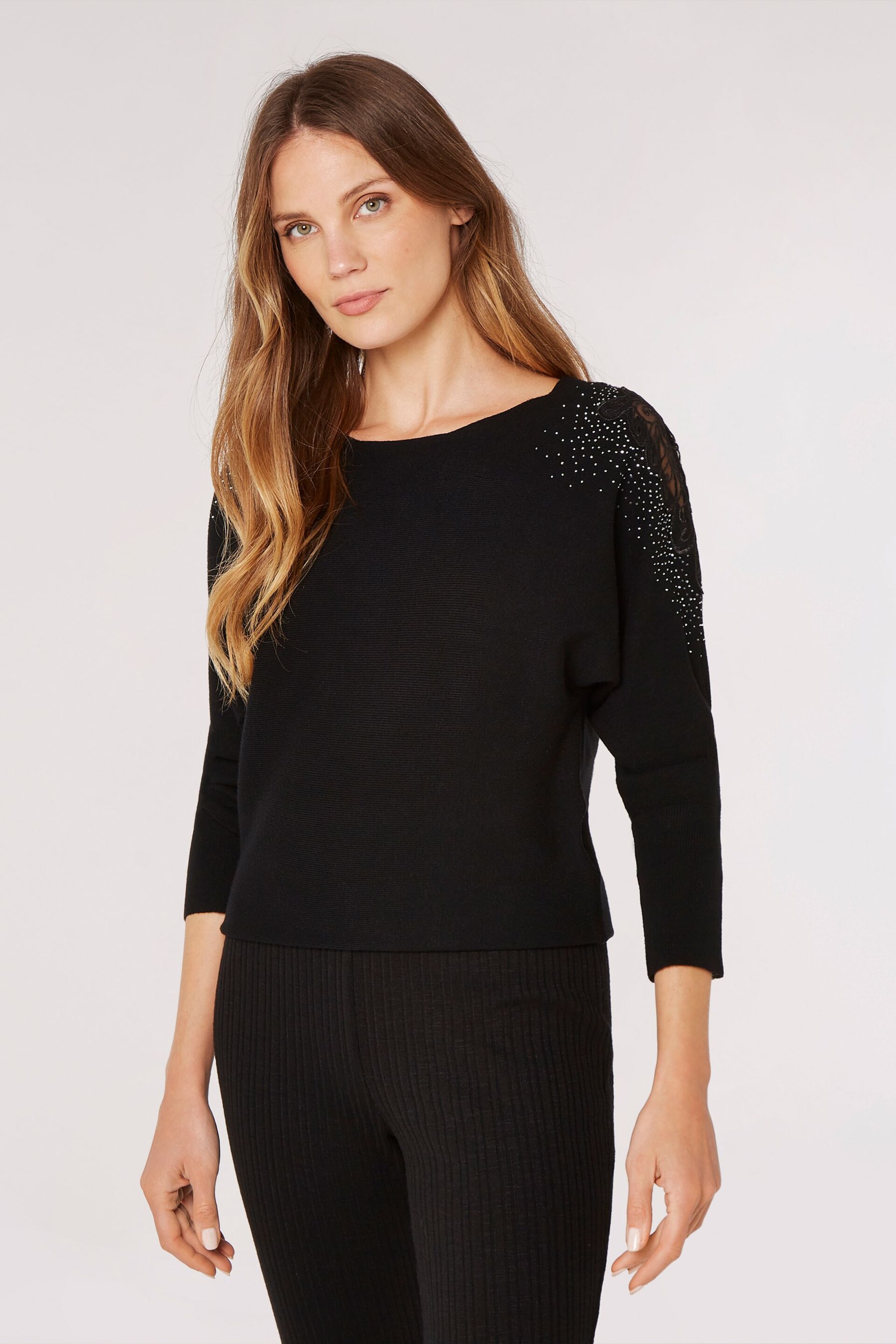 Apricot Black Shoulder Studs Lace Batwing Jumper - Image 1 of 4