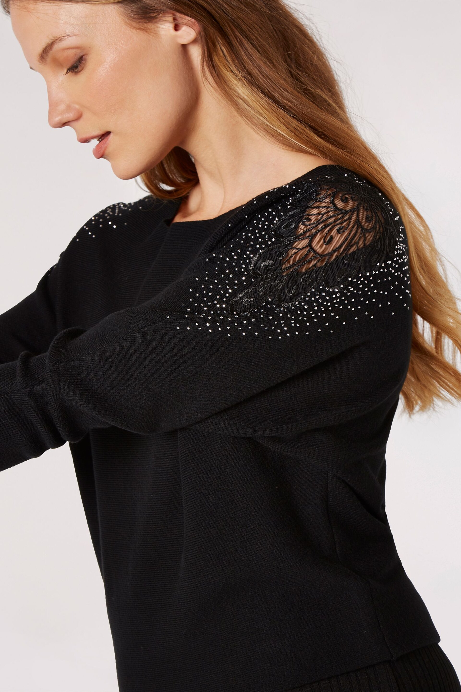 Apricot Black Shoulder Studs Lace Batwing Jumper - Image 4 of 4