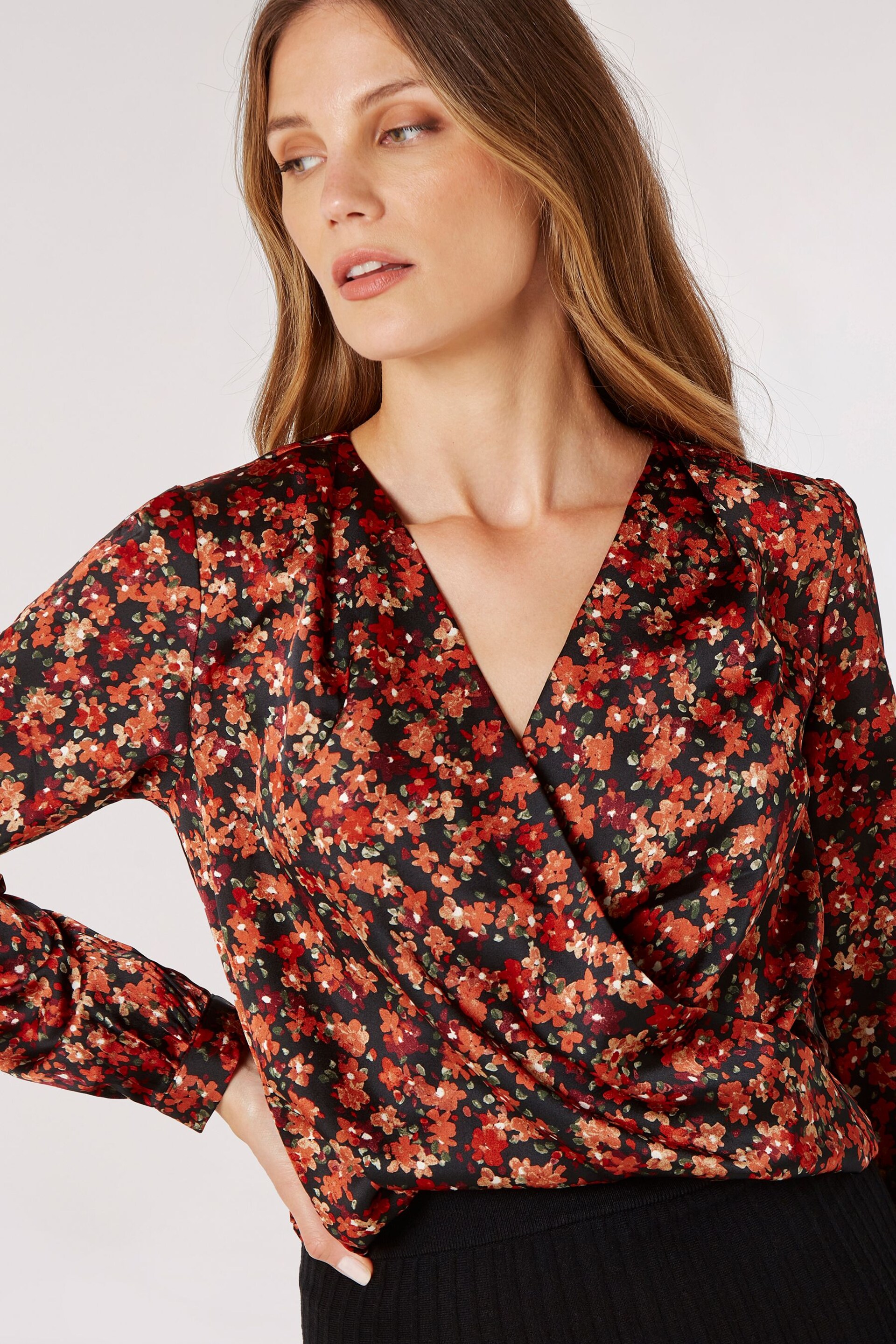 Apricot Black Painterly Floral Wrap Top - Image 4 of 4