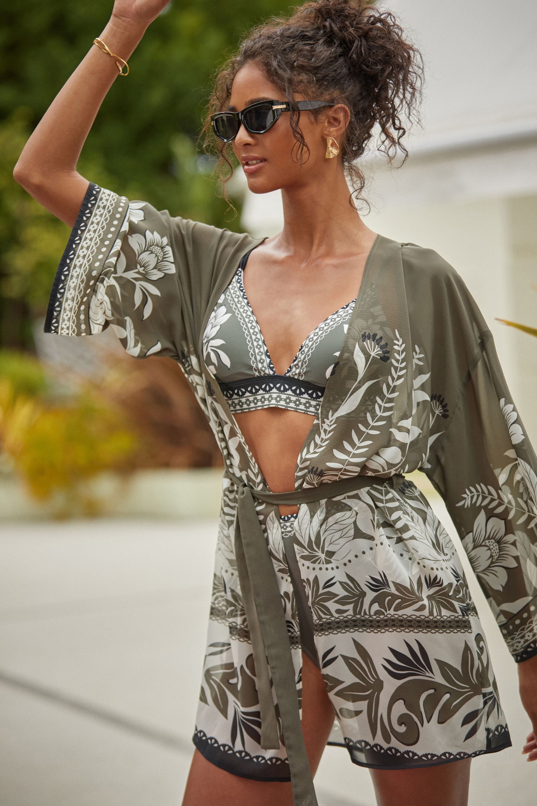Friends Like These Khaki Green Kimono Mini Kaftan With Belted Belt