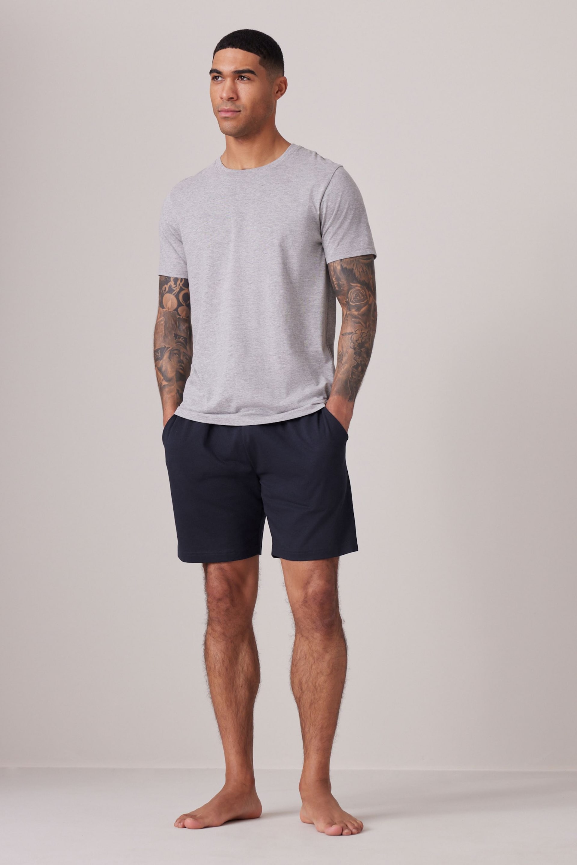 Grey/Navy Blue 2 Pack Lasting Fresh Cotton Rich Pyjama Shorts - Image 3 of 12