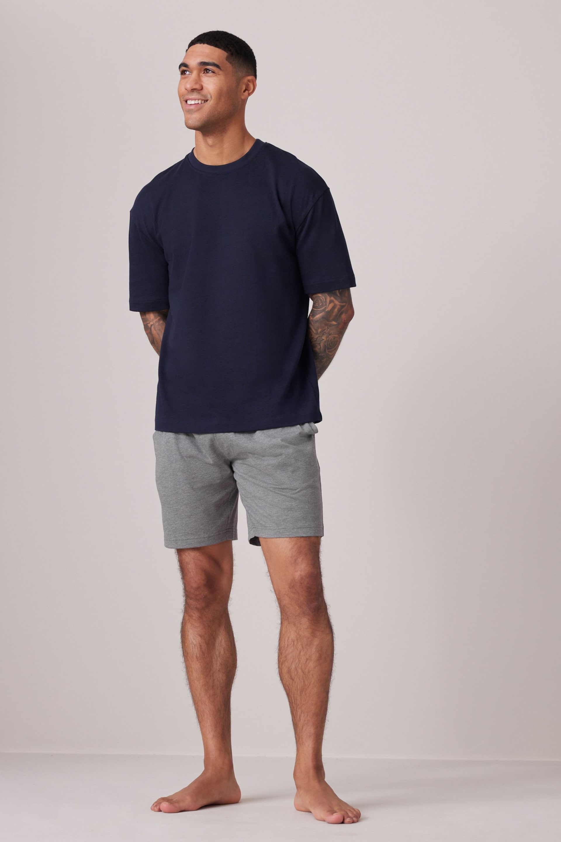 Grey/Navy Blue 2 Pack Lasting Fresh Cotton Rich Pyjama Shorts - Image 4 of 12