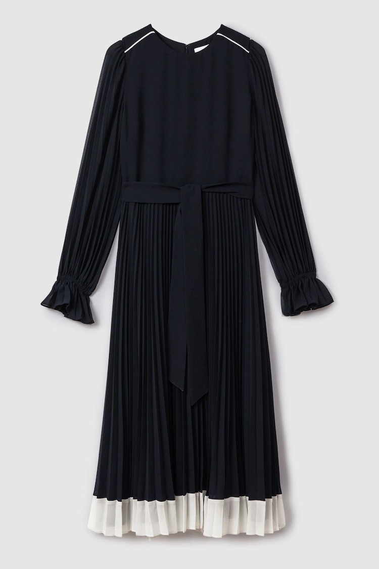 Reiss Navy/Cream Priya Pleated Belted Midi Dress - Image 2 of 6