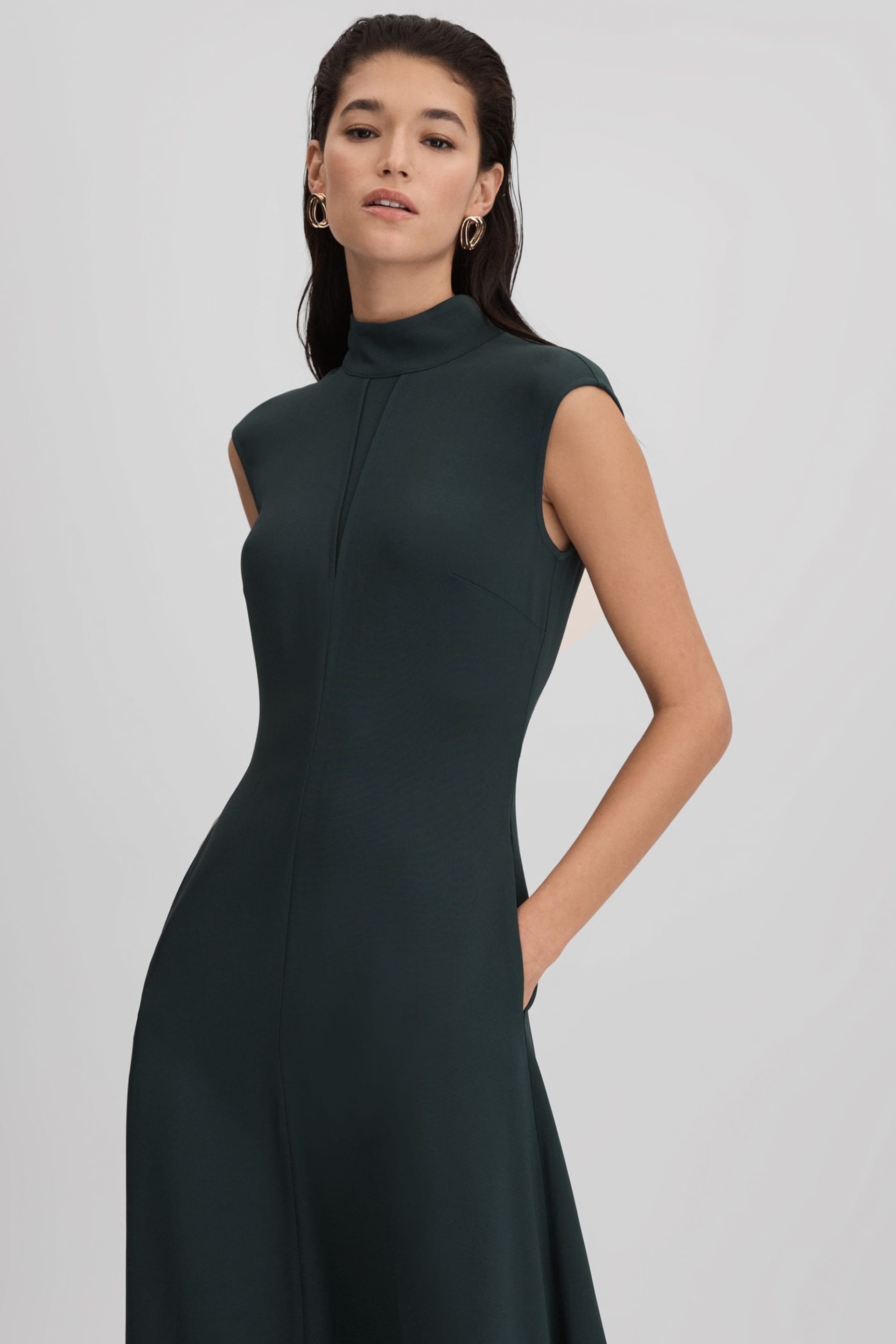 Reiss Dark Green Libby Fitted Asymmetric Midi Dress - Image 3 of 7