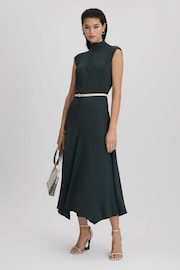 Reiss Dark Green Libby Fitted Asymmetric Midi Dress - Image 6 of 7