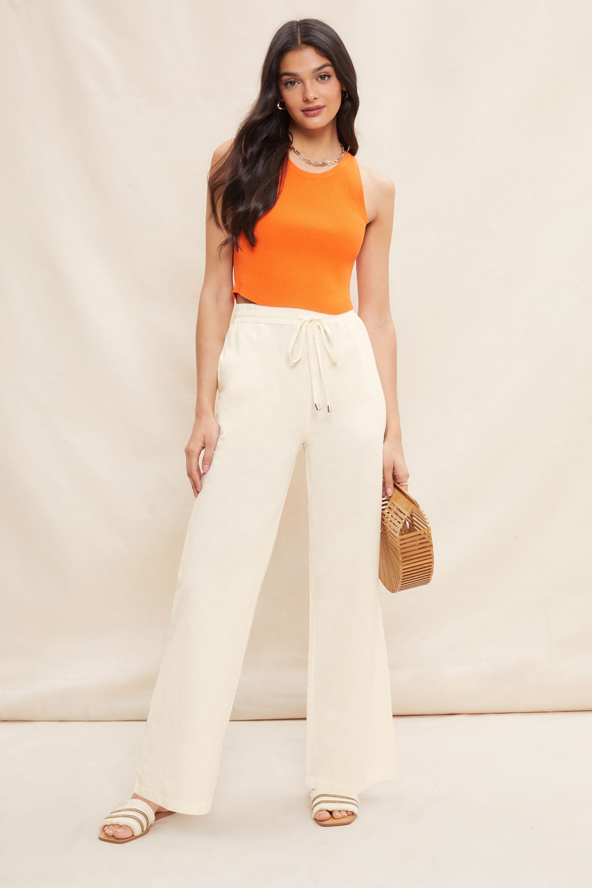 Friends Like These Beige Petite Wide Leg Trousers With Linen - Image 3 of 4