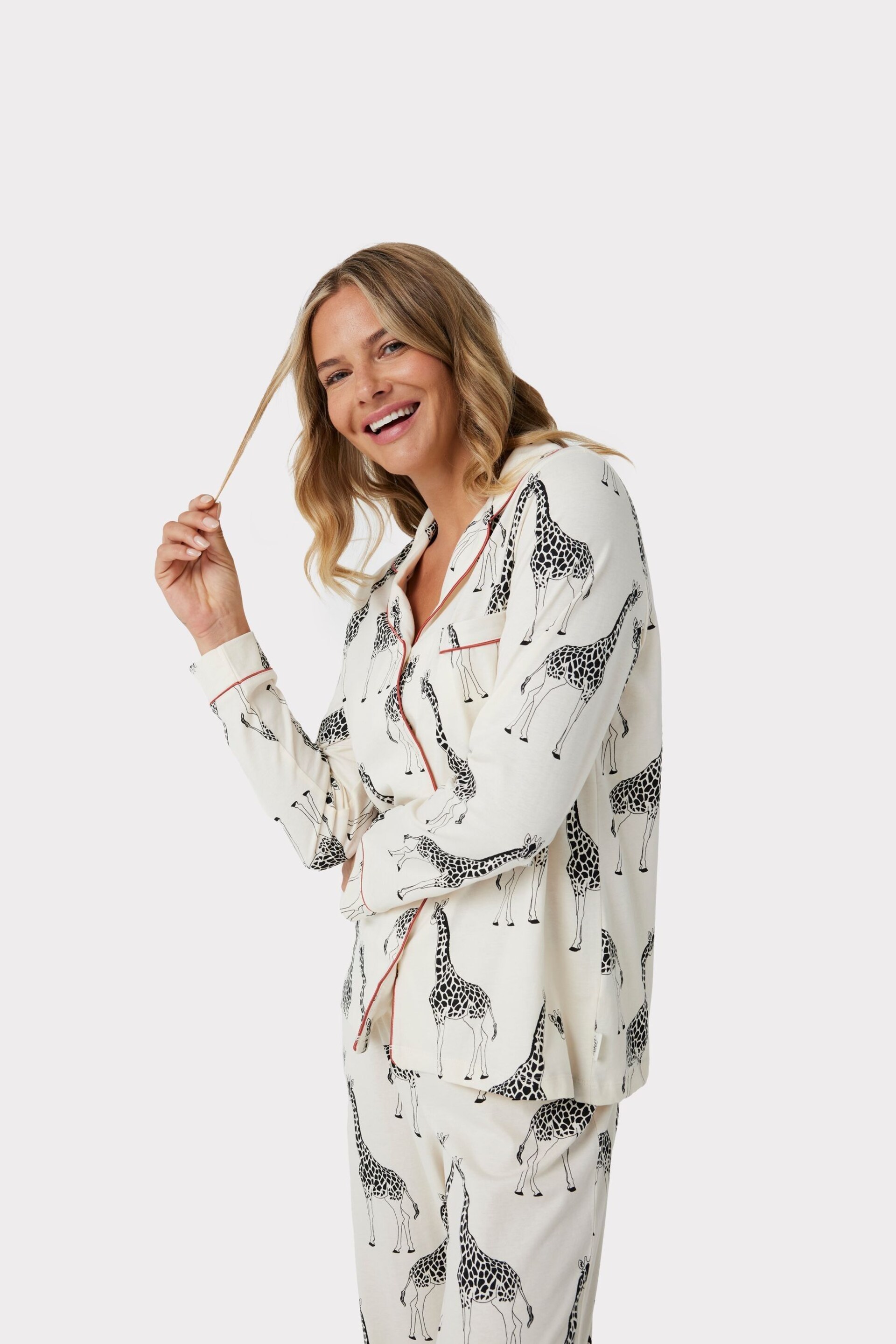 Chelsea Peers Cream Giraffe Button Up Long Pyjama Set - Image 3 of 9