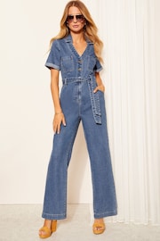 Friends Like These Blue Short Sleeve Denim Wide Leg Jumpsuit - Image 1 of 4