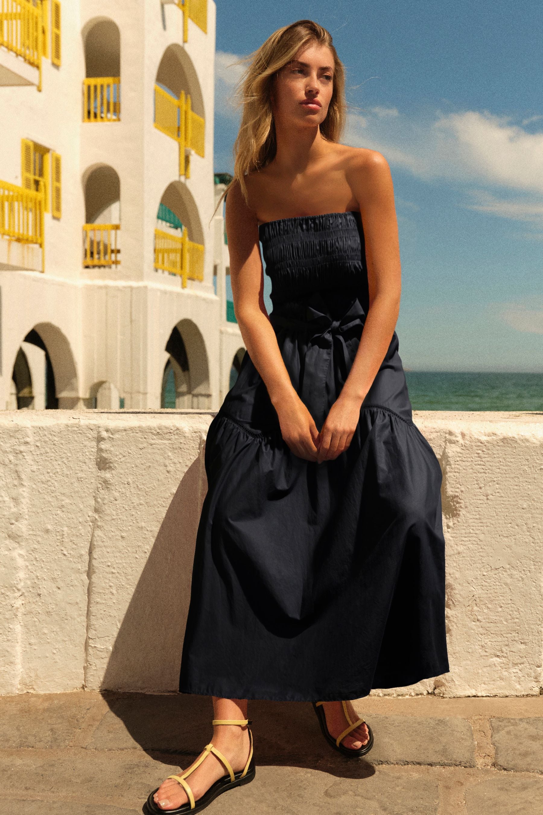 Buy Black 100 Cotton Shirred Bandeau Midi Summer Dress from the Next UK online shop