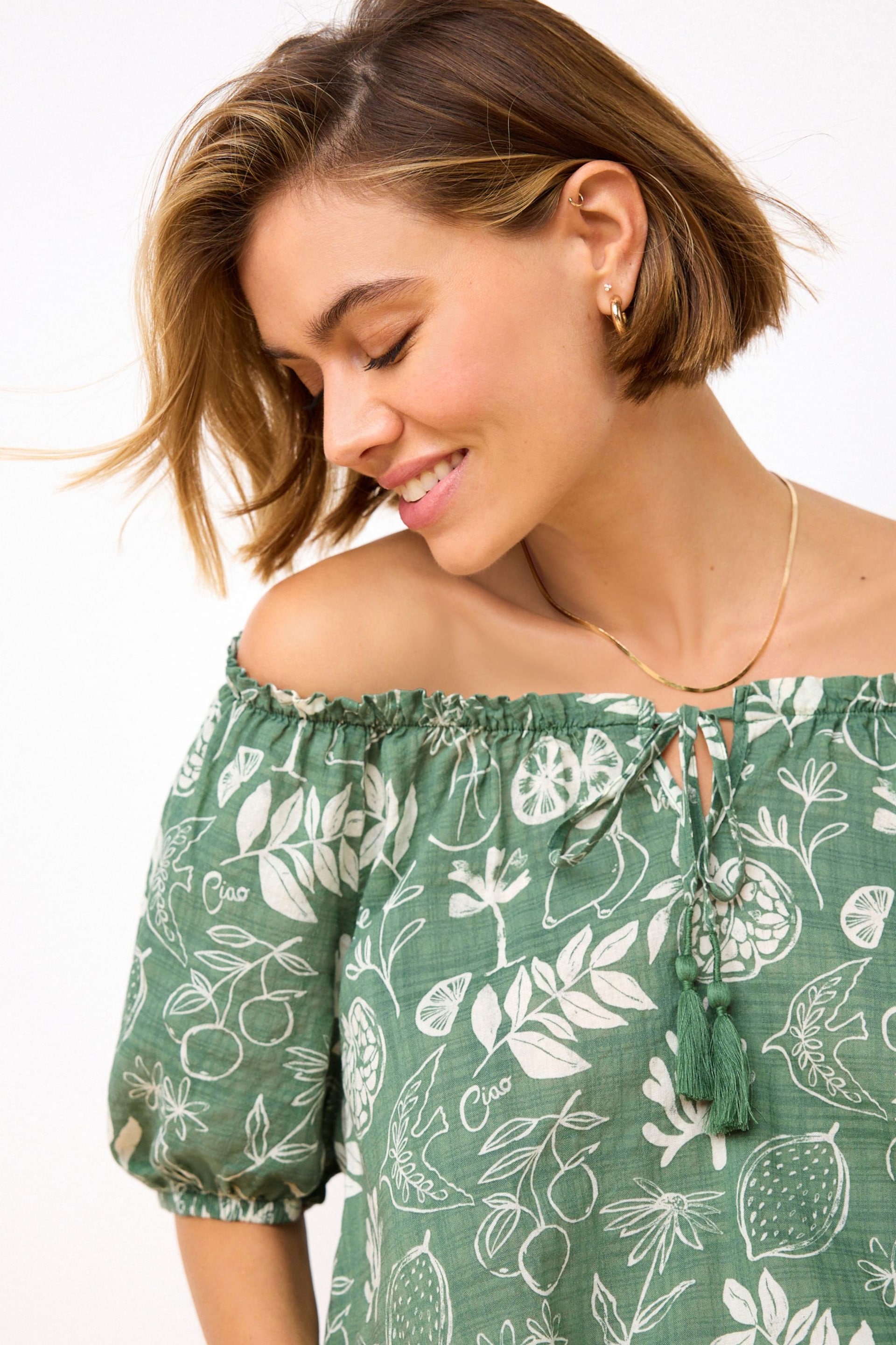 Green Floral Print Short Sleeve Tie Neck Bardot Blouse - Image 2 of 6