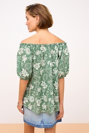 Green Floral Print Short Sleeve Tie Neck Bardot Blouse - Image 3 of 6