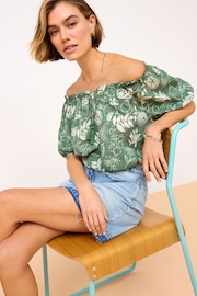 Green Floral Print Short Sleeve Tie Neck Bardot Blouse - Image 4 of 6