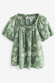 Green Floral Print Short Sleeve Tie Neck Bardot Blouse - Image 5 of 6