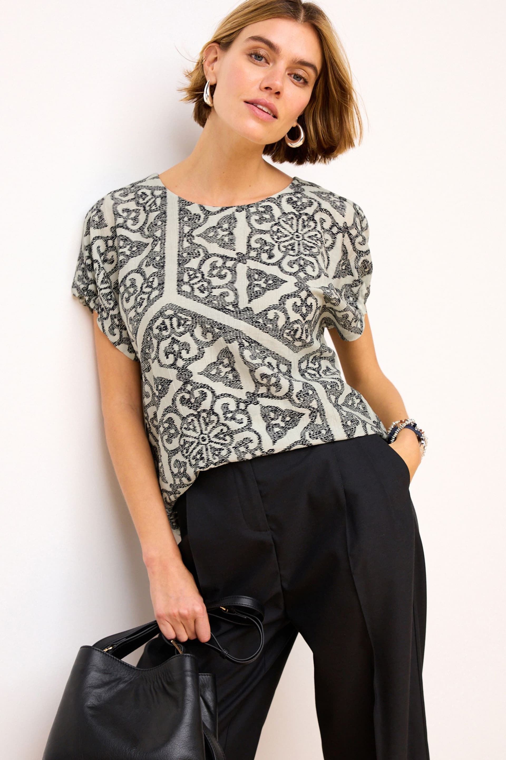 Black & White Tile Gathered Short Sleeve Textured Boxy T-Shirt - Image 1 of 5