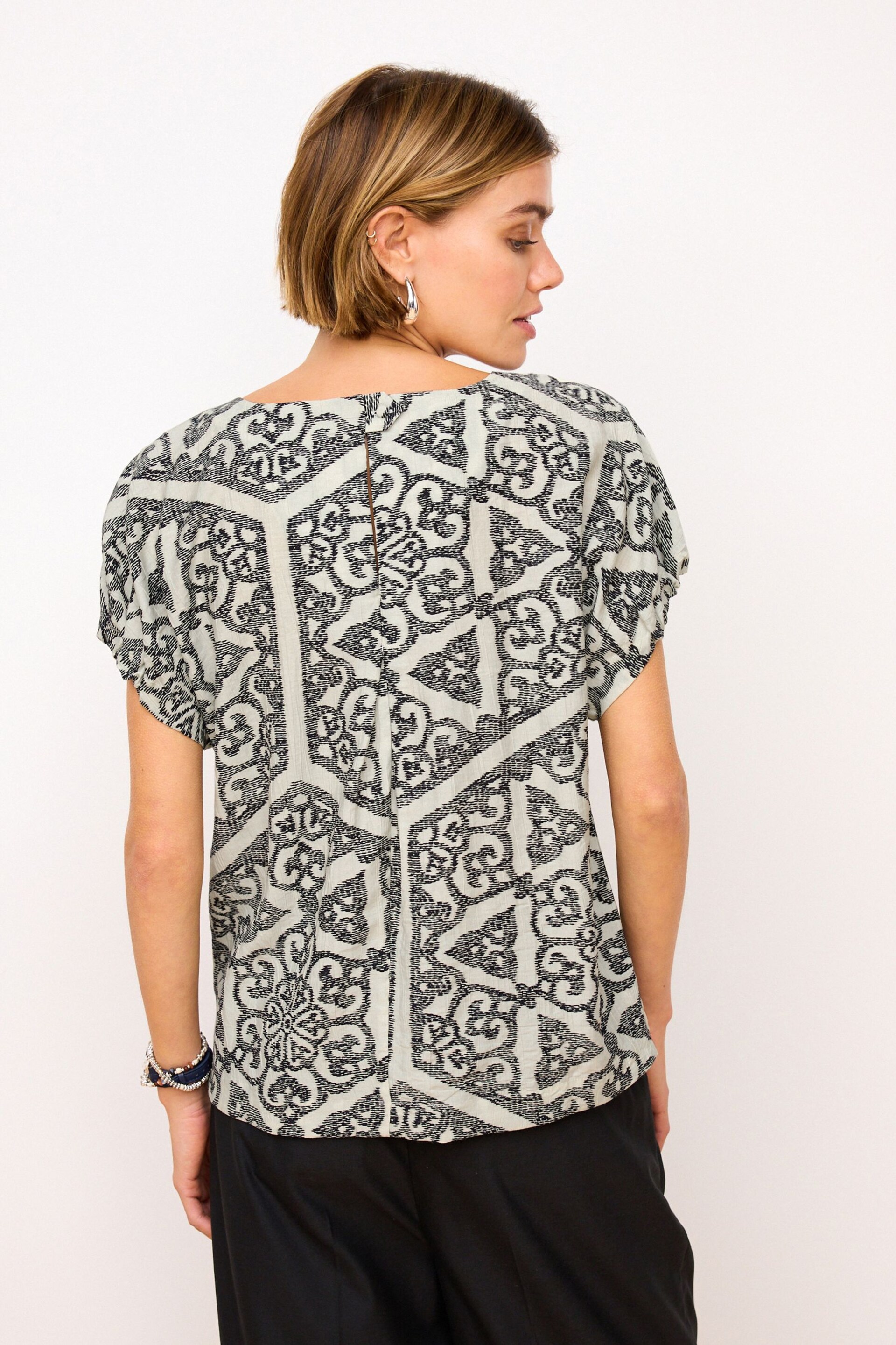 Black & White Tile Gathered Short Sleeve Textured Boxy T-Shirt - Image 2 of 5