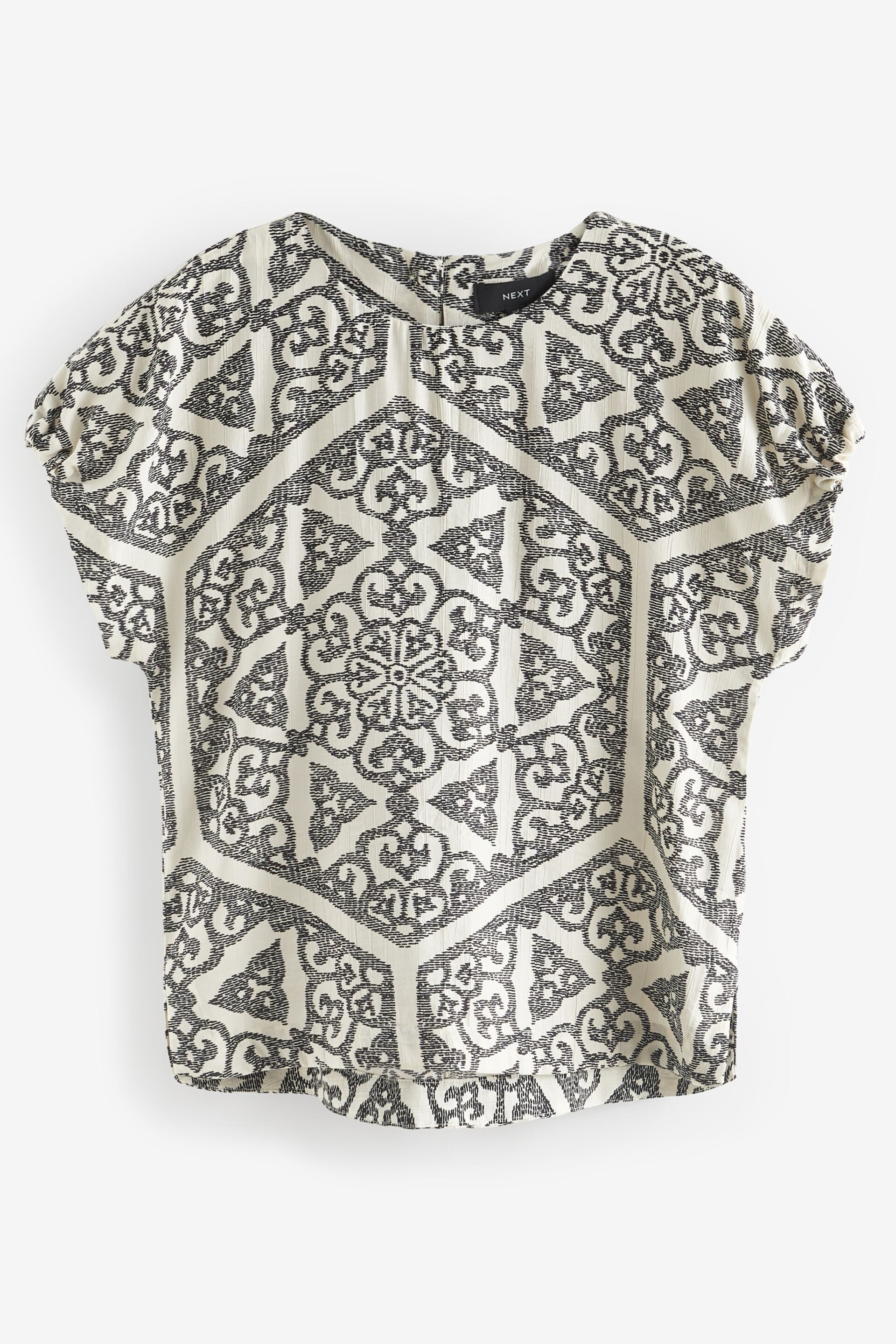 Black & White Tile Gathered Short Sleeve Textured Boxy T-Shirt - Image 4 of 5