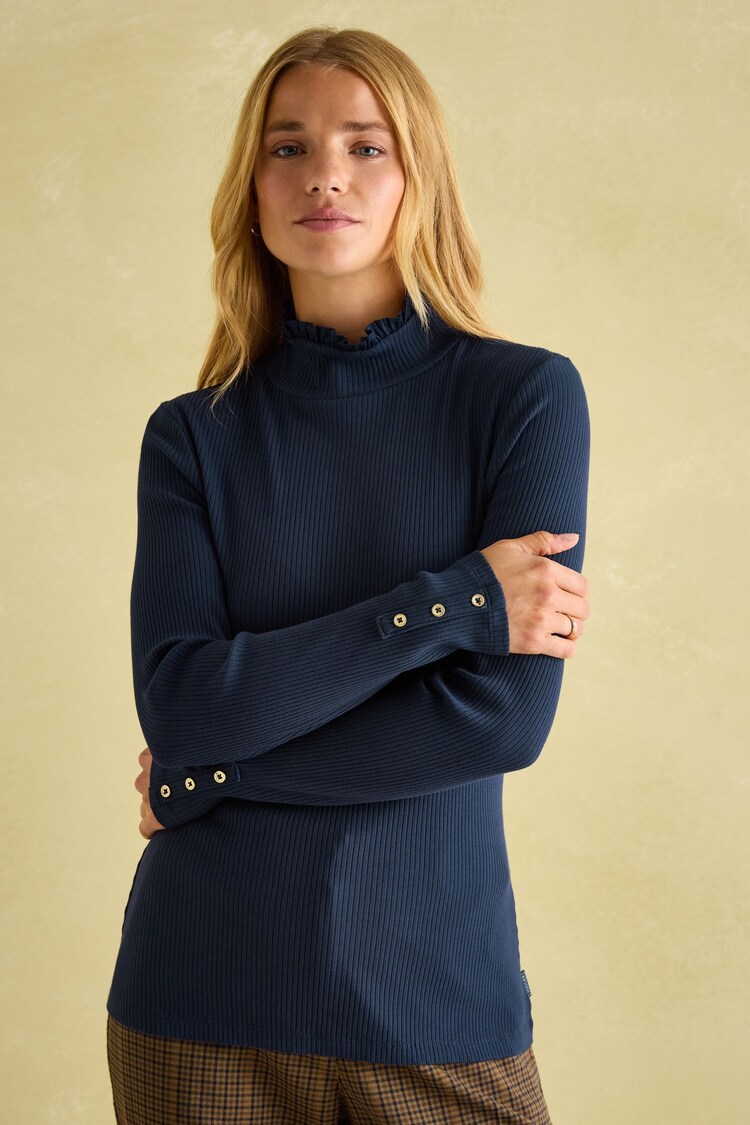 Buy Joules Amy Navy Ribbed Long Sleeve High Neck Jersey Top from the