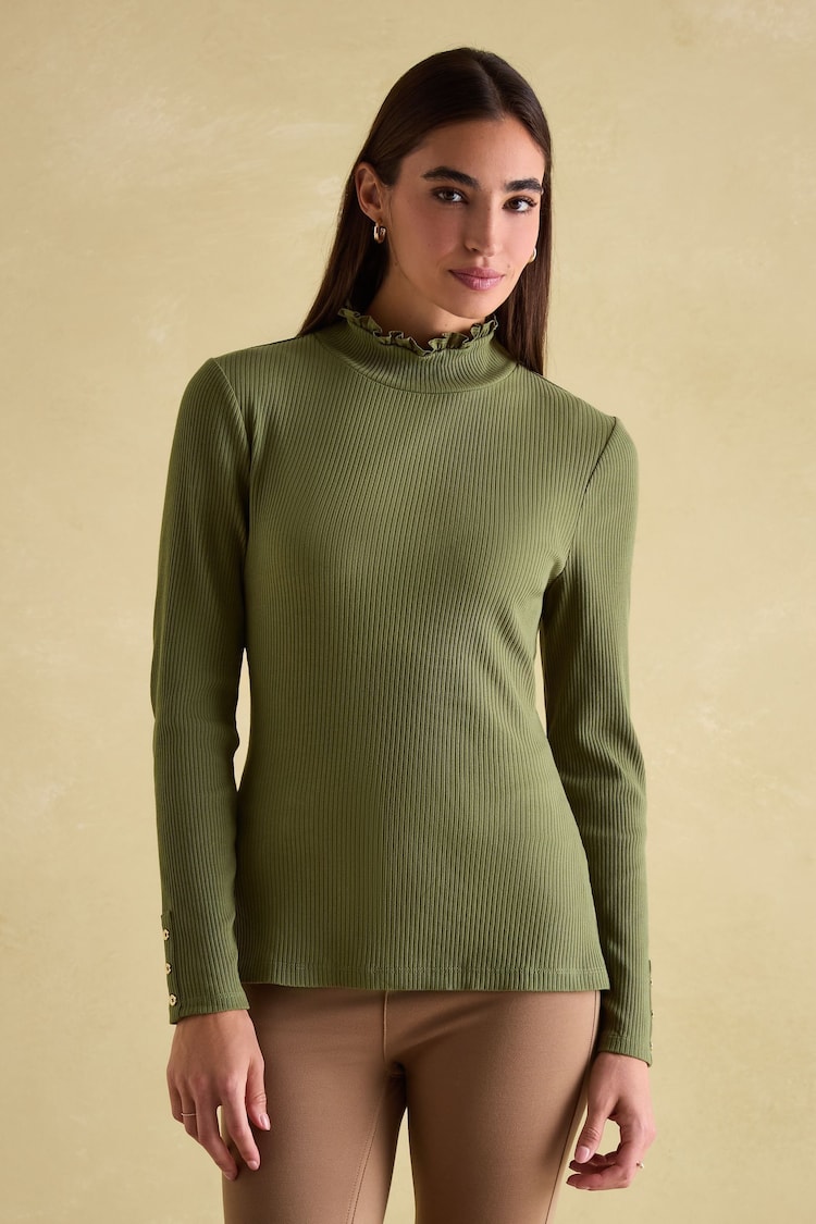 Joules Amy Green Ribbed Long Sleeve High Neck Jersey Top - Image 1 of 7