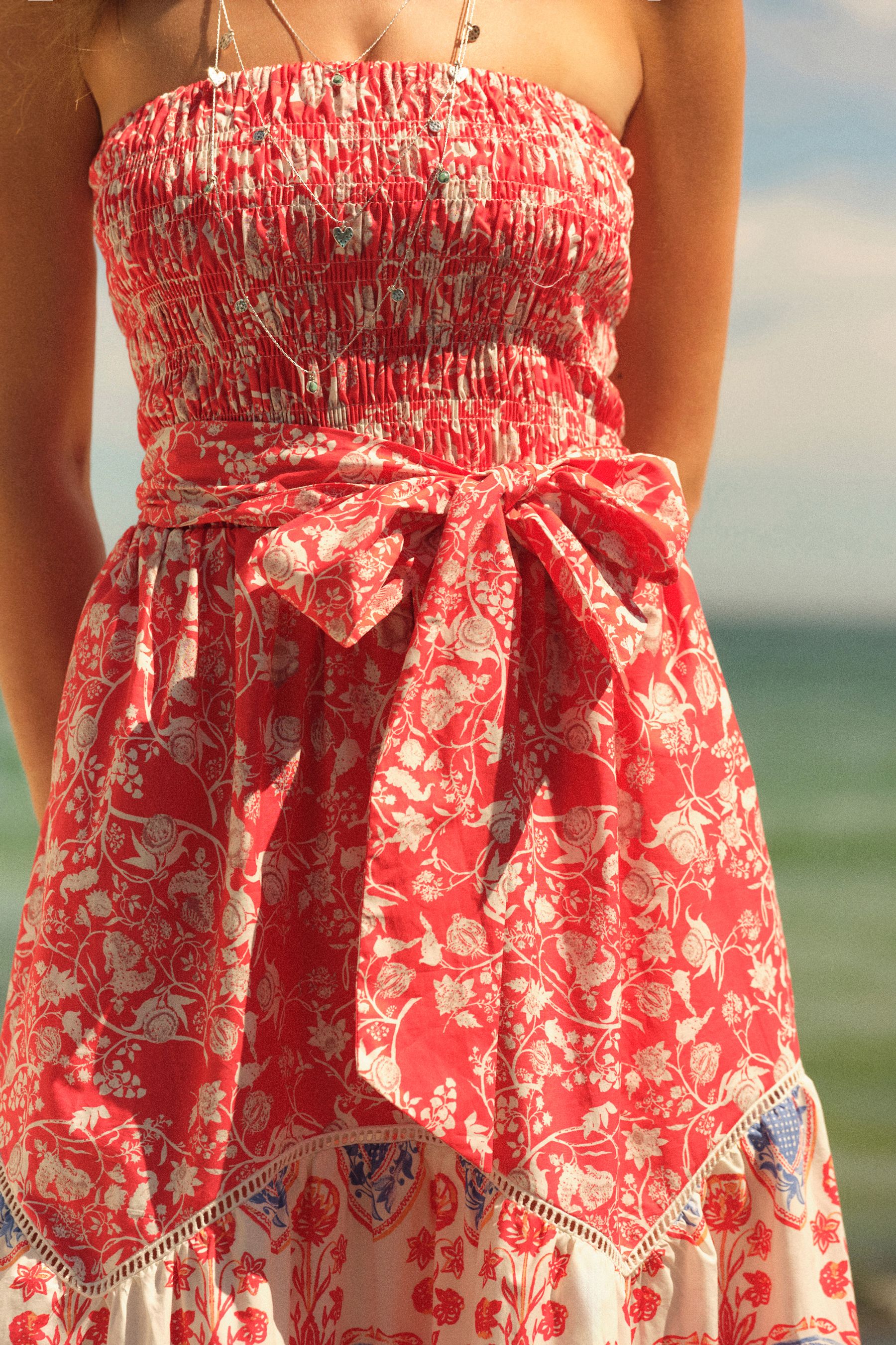 Buy Red Floral Print Shirred Bandeau Midi Summer Dress from Next Luxembourg
