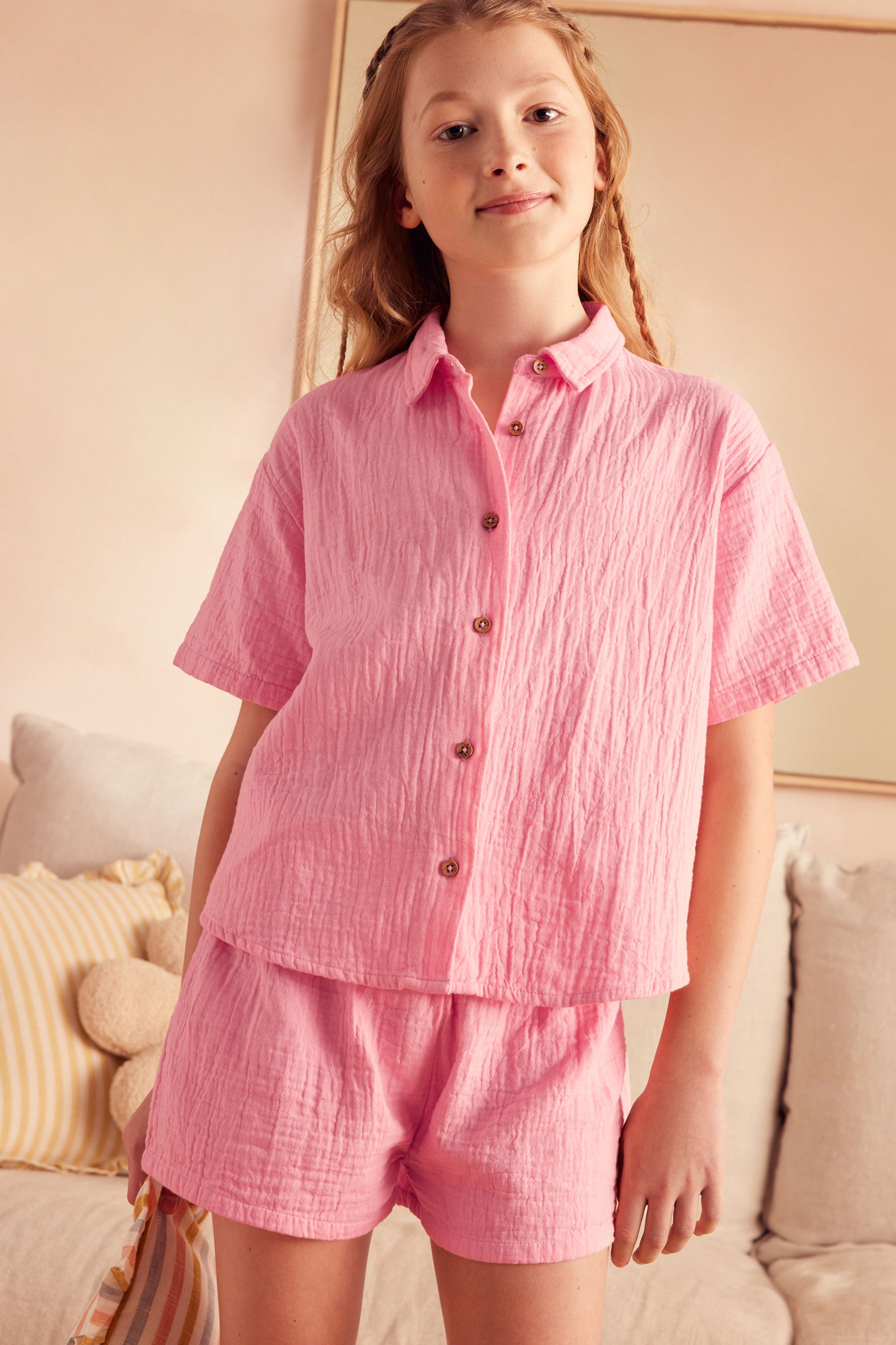 Buy Pink 100 Cotton Button Through Short Pyjamas 6 16yrs from Next Luxembourg