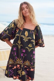 Black Floral Print Linen Blend Puff Sleeve Mini Dress - Image 1 of 8