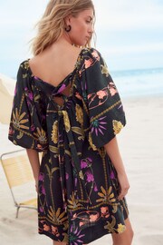 Black Floral Print Linen Blend Puff Sleeve Mini Dress - Image 3 of 8