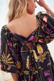 Black Floral Print Linen Blend Puff Sleeve Mini Dress - Image 5 of 8