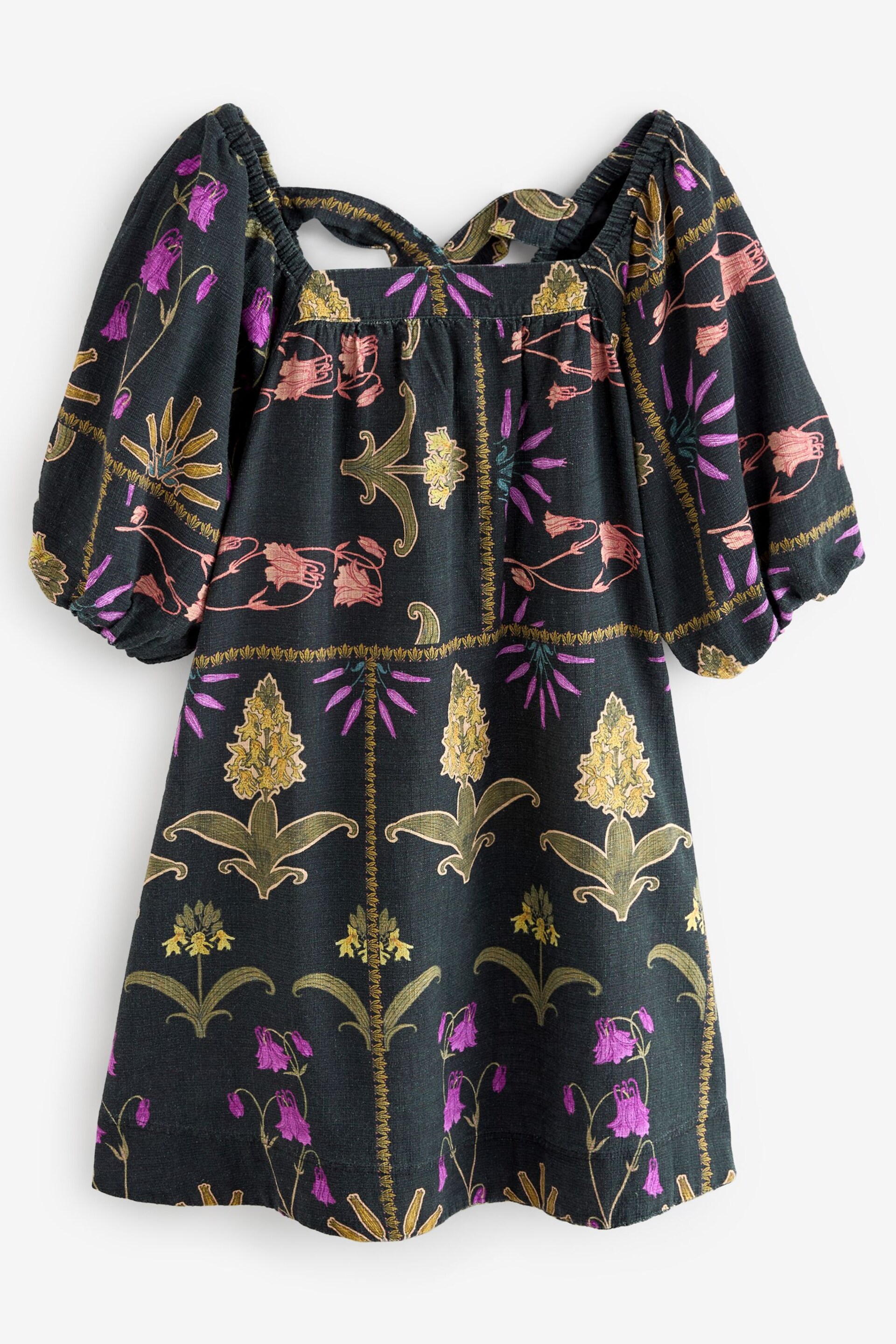 Black Floral Print Linen Blend Puff Sleeve Mini Dress - Image 7 of 8