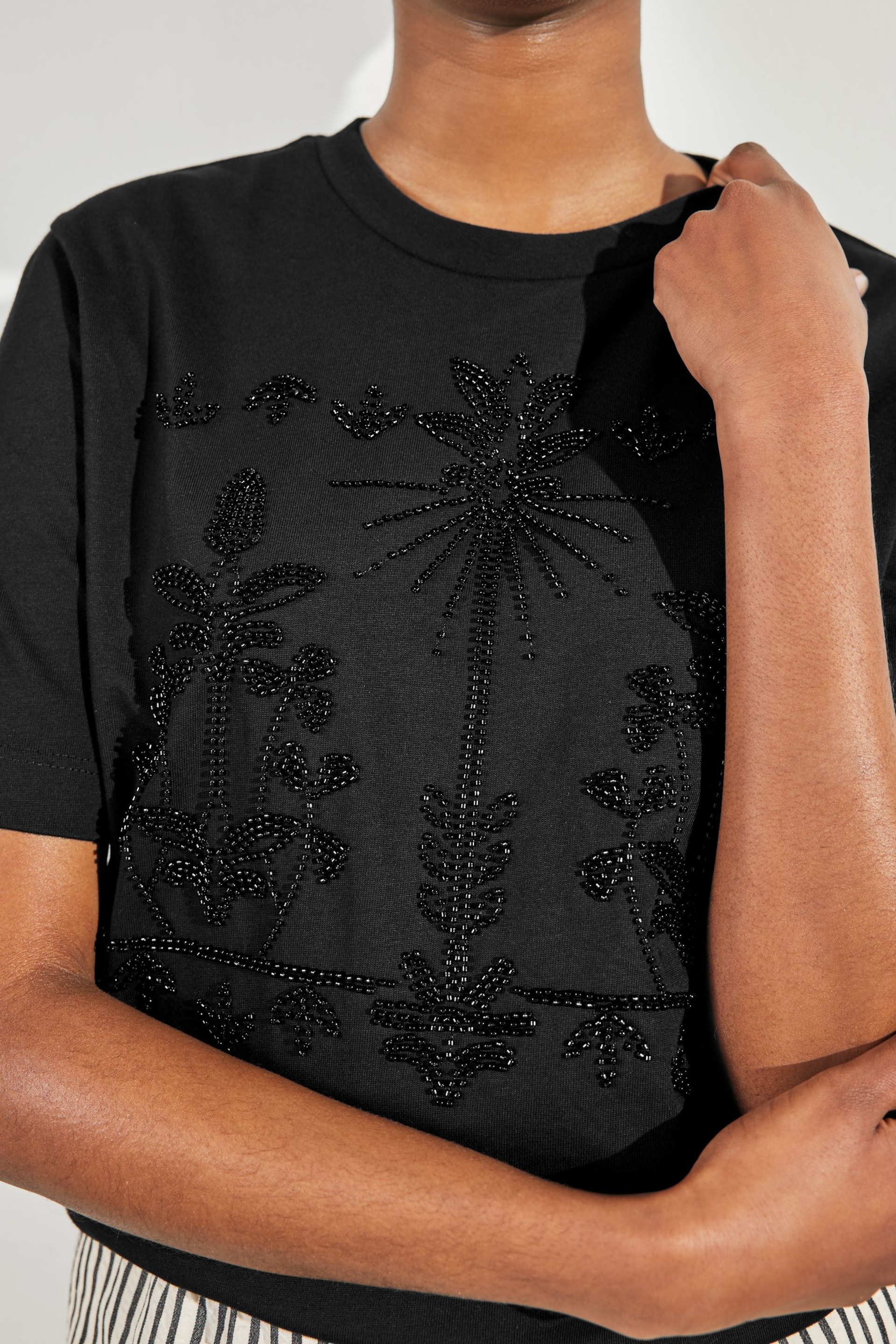 Black Palm Print Beaded Sparkle Holiday Short Sleeve T-Shirt - Image 3 of 5