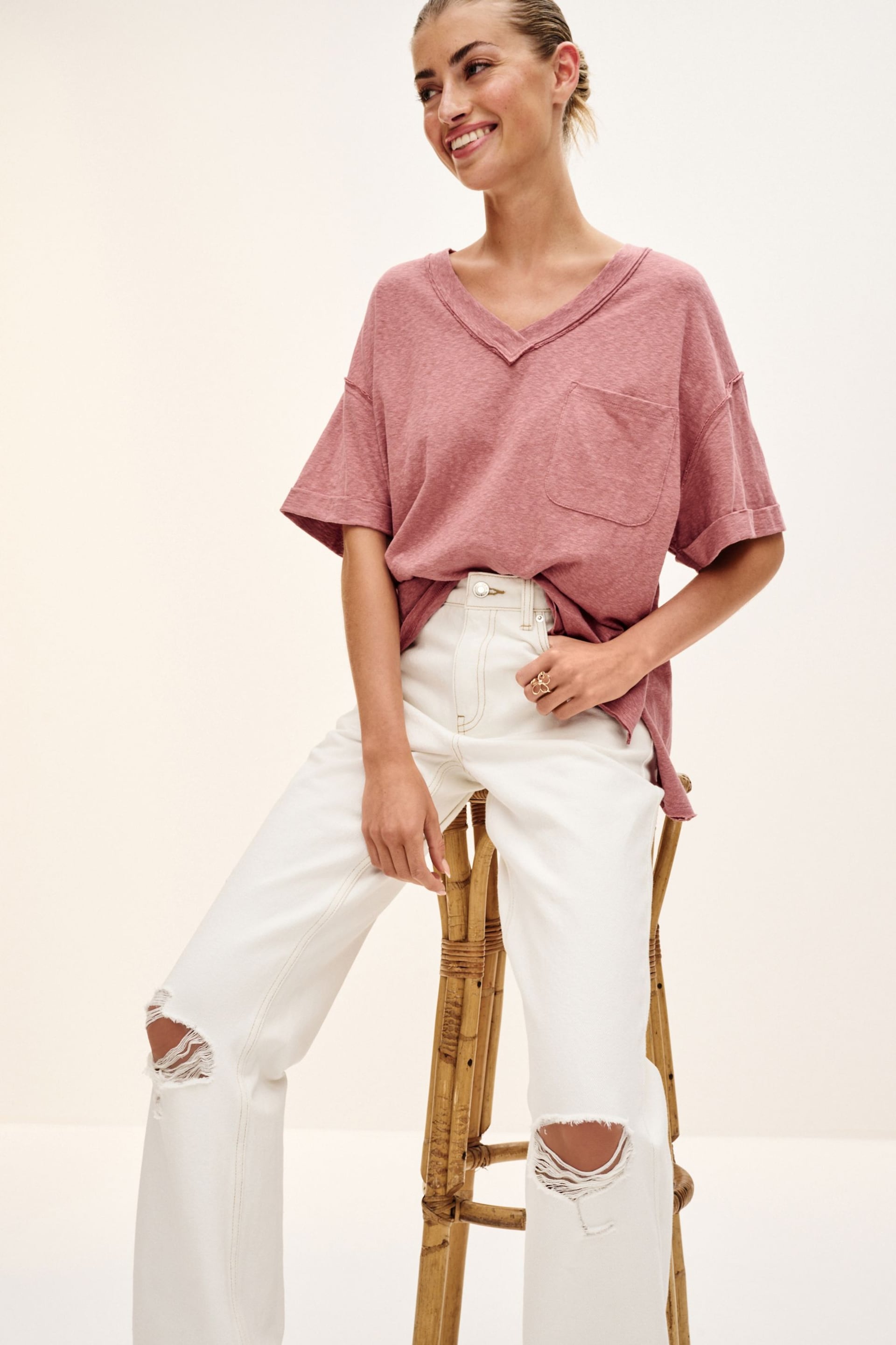 Rose Pink Oversized Linen Look Washed Pocket Detail Slouch V-Neck T-Shirt - Image 2 of 6