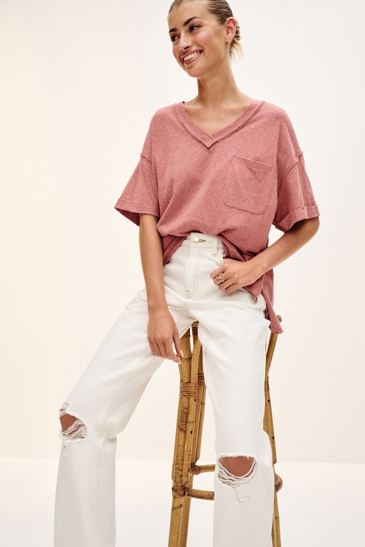 Rose Pink Oversized Linen Look Washed Pocket Detail Slouch V-Neck T-Shirt - Image 2 of 4