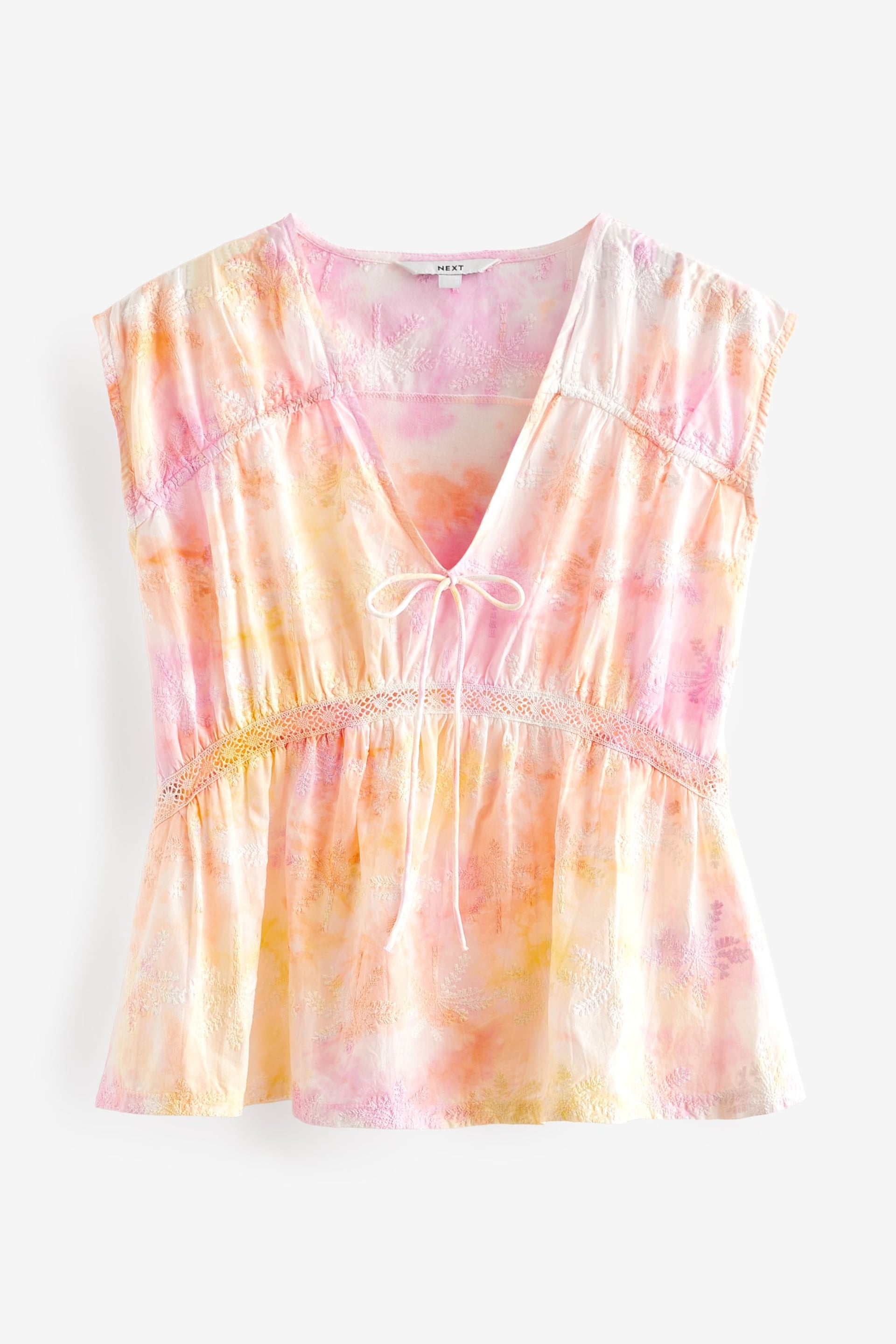 Pink Tie Dye Broderie V-Neck Lace Detail Short Sleeve Top - Image 4 of 6