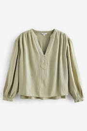 Green Long Sleeve V-Neck Button Front Blouse With Linen - Image 5 of 6