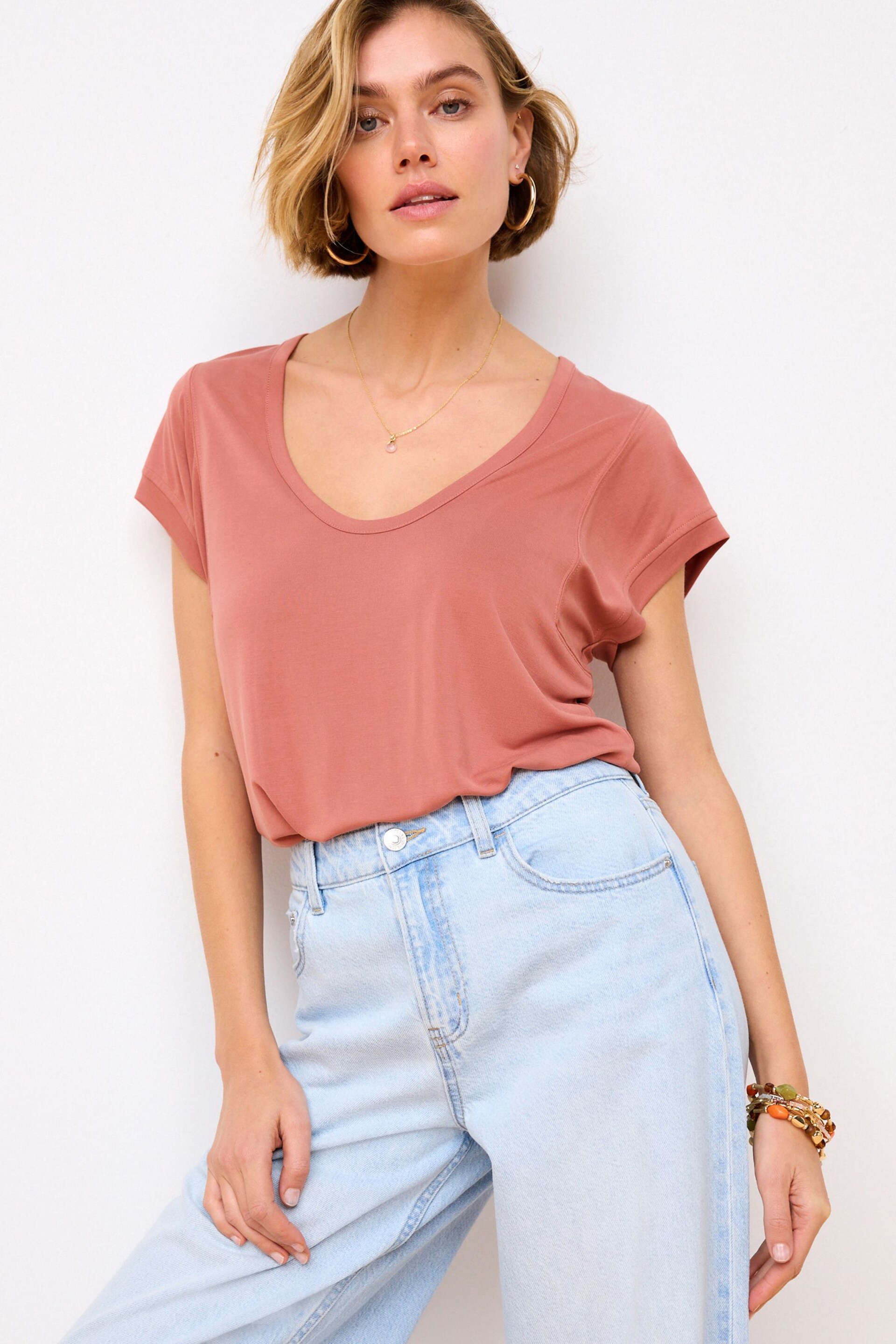 Rose Pink Premium Modal Rich Short Sleeve Scoop Neck T-Shirt - Image 1 of 7