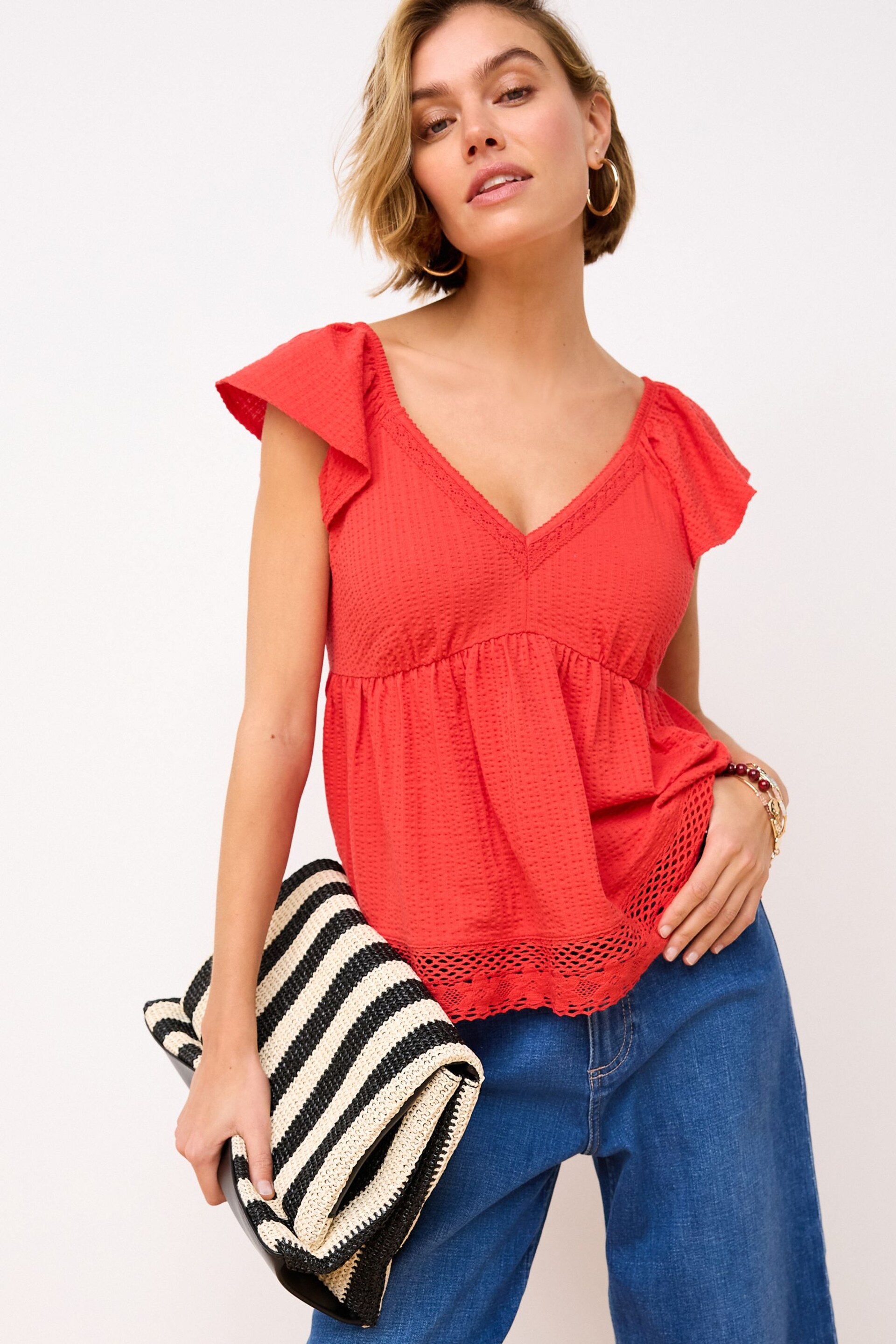 Red Lace Trim Flutter Sleeve Summer Holiday Top - Image 1 of 6