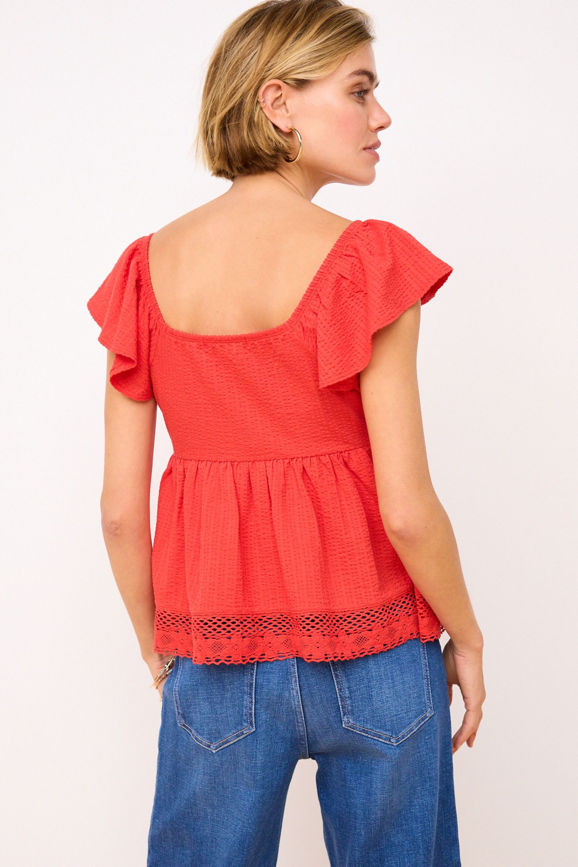 Red Lace Trim Flutter Sleeve Summer Holiday Top - Image 2 of 6