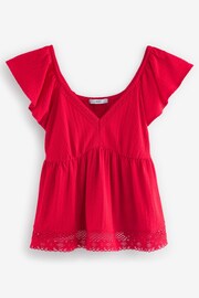 Red Lace Trim Flutter Sleeve Summer Holiday Top - Image 5 of 6