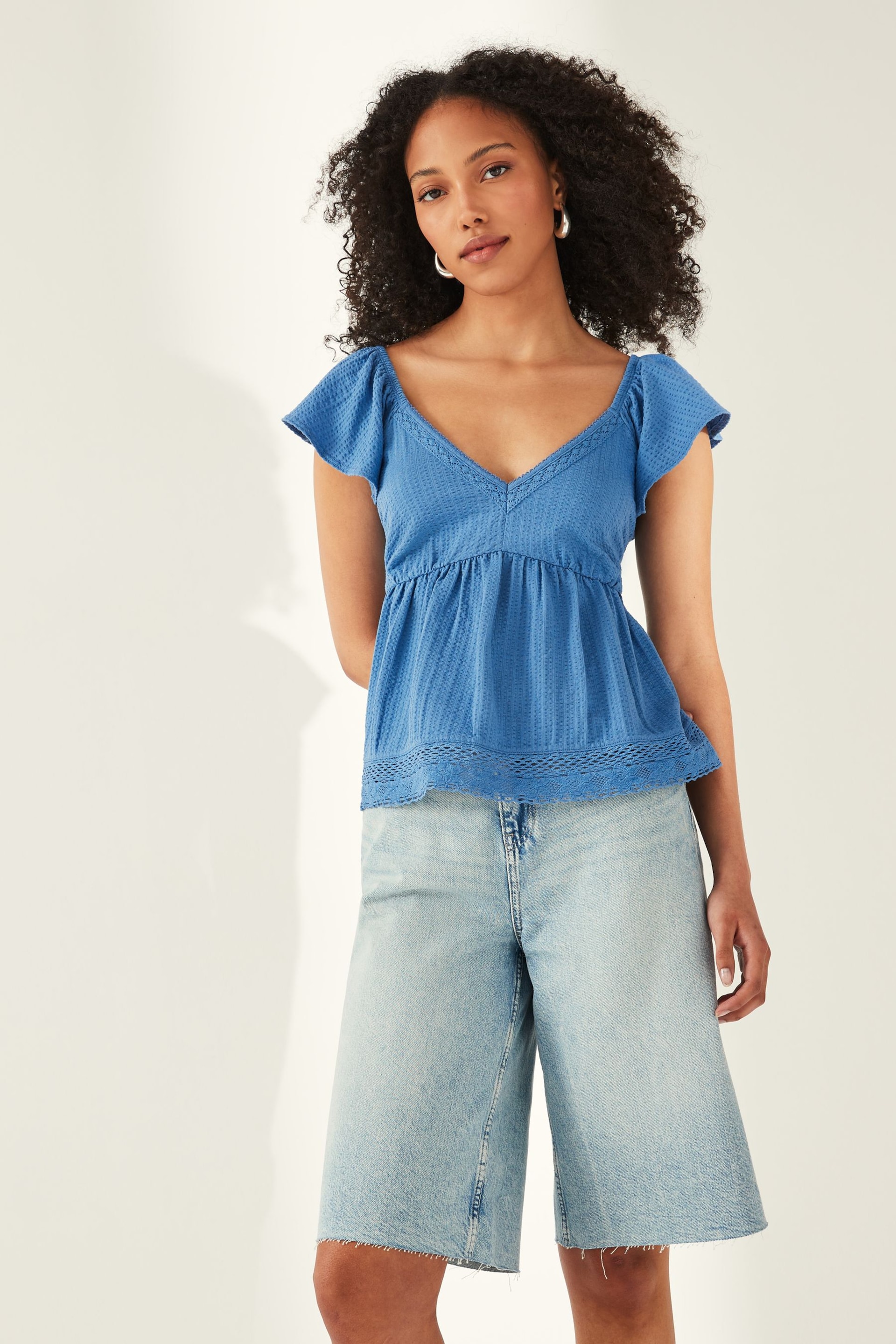 Blue Lace Trim Flutter Sleeve Summer Holiday Top - Image 1 of 5