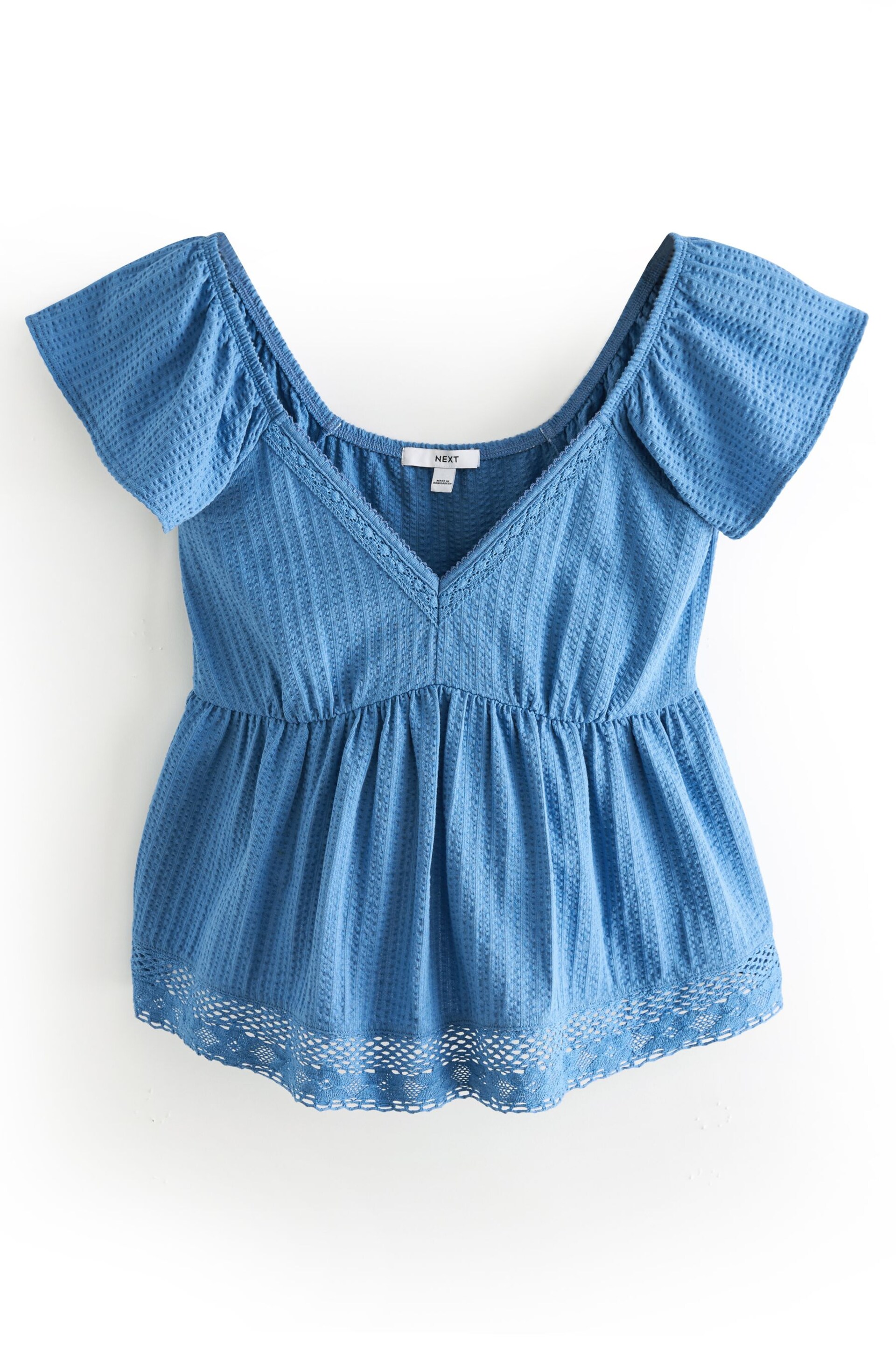 Blue Lace Trim Flutter Sleeve Summer Holiday Top - Image 4 of 5
