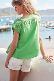 Bright Green Broderie V-Neck Lace Detail Short Sleeve Top - Image 3 of 6