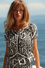 Monochrome Tile Print Bardot Puff Sleeve Blouse - Image 3 of 7