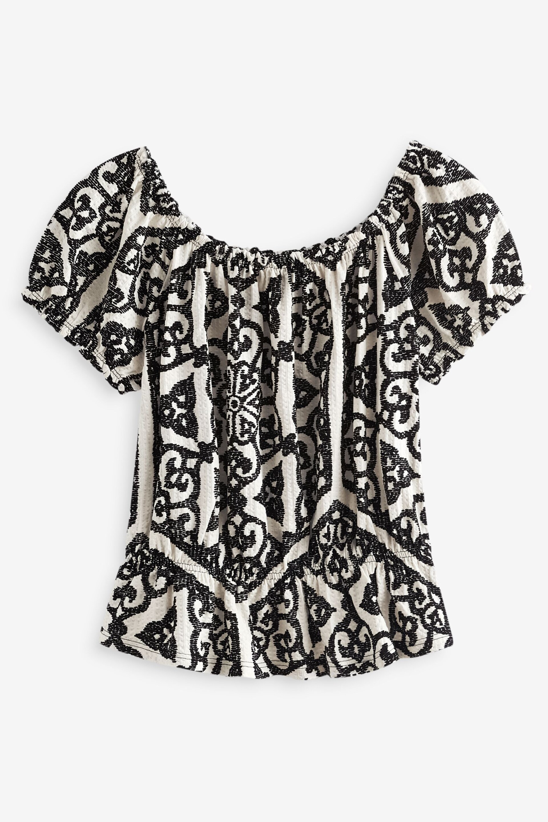 Monochrome Tile Print Bardot Puff Sleeve Blouse - Image 6 of 7