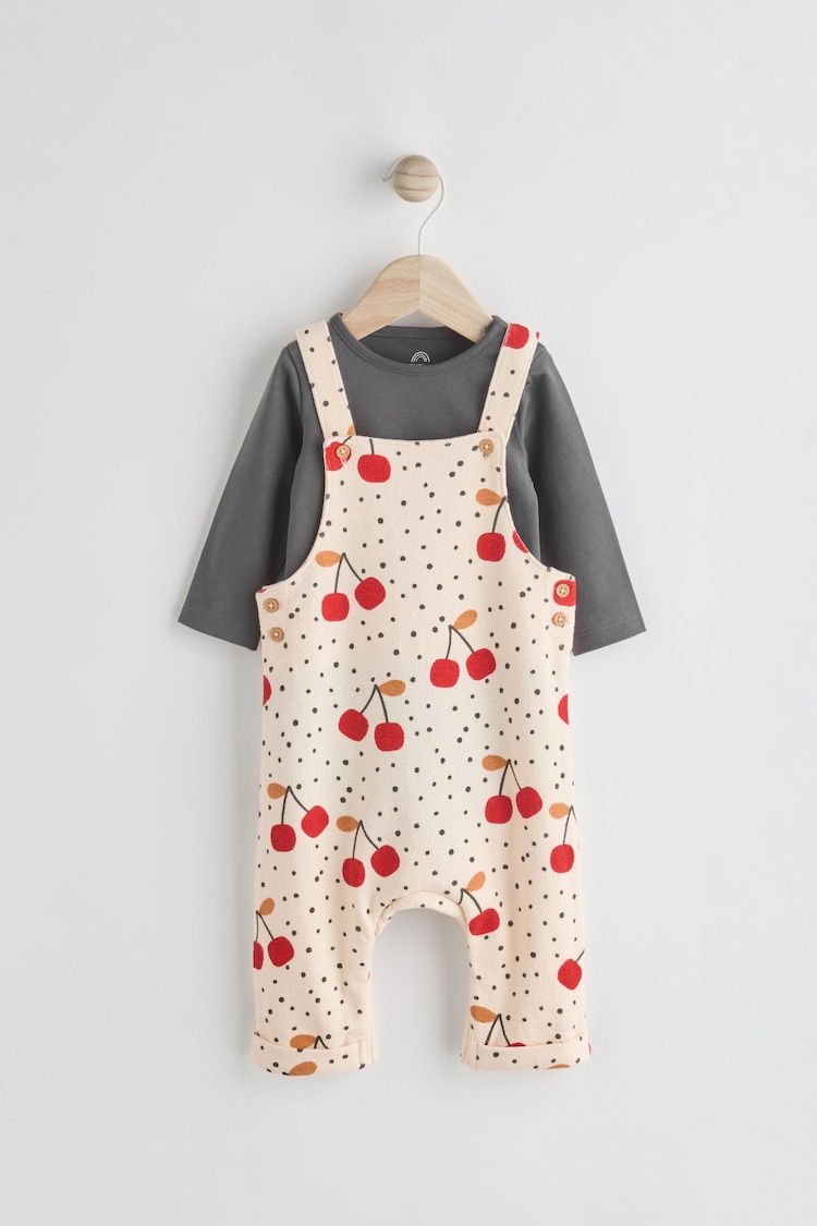 Cream Cherry Print Baby Jersey Dungarees & Long Sleeve 100% Cotton Bodysuit Set (0mths-2yrs) - Image 1 of 10